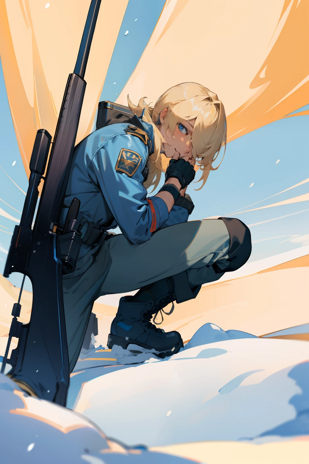 masterpiece, best quality, detailed face, male, blue eyes, blonde, hair over one eye, blue jacket, belt, blue pants, fingerless gloves, cross-laced boots, holding sniper rifle, snow, one knee, from side, blue sky