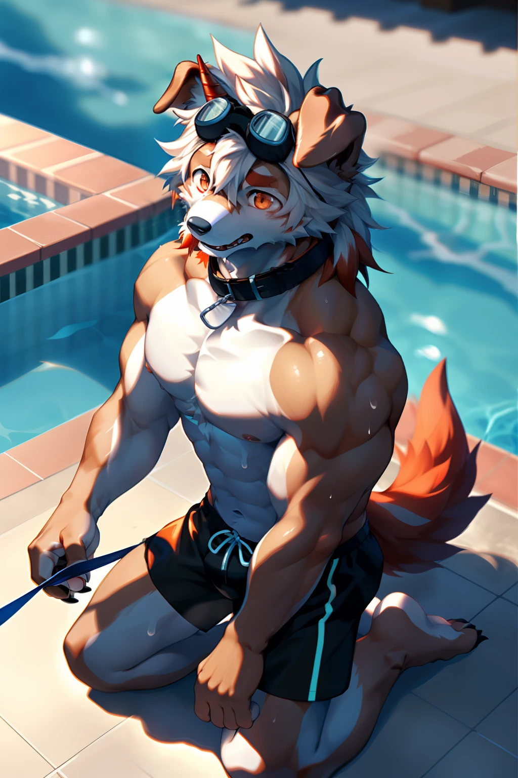 (by Hioshiru, by null-ghost, By personalami, by Honovy, by thebigslick, author:Feinhertz), Male, Solo, domestic dog,Doggy, Red horns, floppy ears, clawed paws, view the viewer,beside swimming pool,Sexy,The upper part of the body,lowerbody,(Sweat:1.9),gasps,upper legs,small thighs,white legwear,〈Have a strong figure〉,opens his eyes wide,A collar is worn around his neck,Dog leash,Be red in the face,Desire for dissatisfaction,the shy,gentle,Temptation of the,intoxicated,gasps,Eyes are focused,sideface,Keep your eyes wide open,Head up,Tall and strong,Fluffy tail,Orange tail,Masterpiece, Best quality, offcial art, Extremely detailed Cg Unity 8K wallpaper, Ultra-detailed, Best Illustration, Best shadow, Perfect lighting, bellow (/arknight/), White fur, Furry male, Dog boy, Furry, Two-tone fur, 1boys, multicolored hair, Male focus, Horns, Striped hair, Dog ears, Animal ears, single horn, Brown fur, bangs, Orange hair, White hair, Medium hair, Orange eyes, Black pupils,Solo,Muscle men,Blue swimsuit,Black swimming trunks,whitestocking,sideface,Barefoot,Kneeling pose,The erection,nipple bump,full bodyesbian,In the warm-up,Swimming goggles,Hair is supple,Raise your hands high,