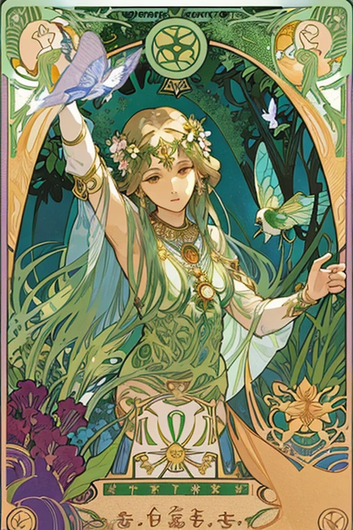 tmasterpiece、topquality、Alphonse Mucha、Jugendstil、
(Tarot card style:1.3)、Unique Tarot Card Structure, including floral and green elements、Upper torso、looking at the viewers、
In the middle of a green garden、The Mysterious Girl 、Dance with Unearthly Creatures。
roses、lily、Cherry treesleaves、moss、vine、Elegant dresses, Inspired by nature、Necklace with flowers and leaves、hair ornaments、Butterflies、bird、bee、Tarot symbols, Reimagined with floral and green ornaments、godesses、Flower Garden、woods、Natural background, like a, For example, shore of the lake、Efficient use of light and shadow、
Realistic & ultra realisic, goodness