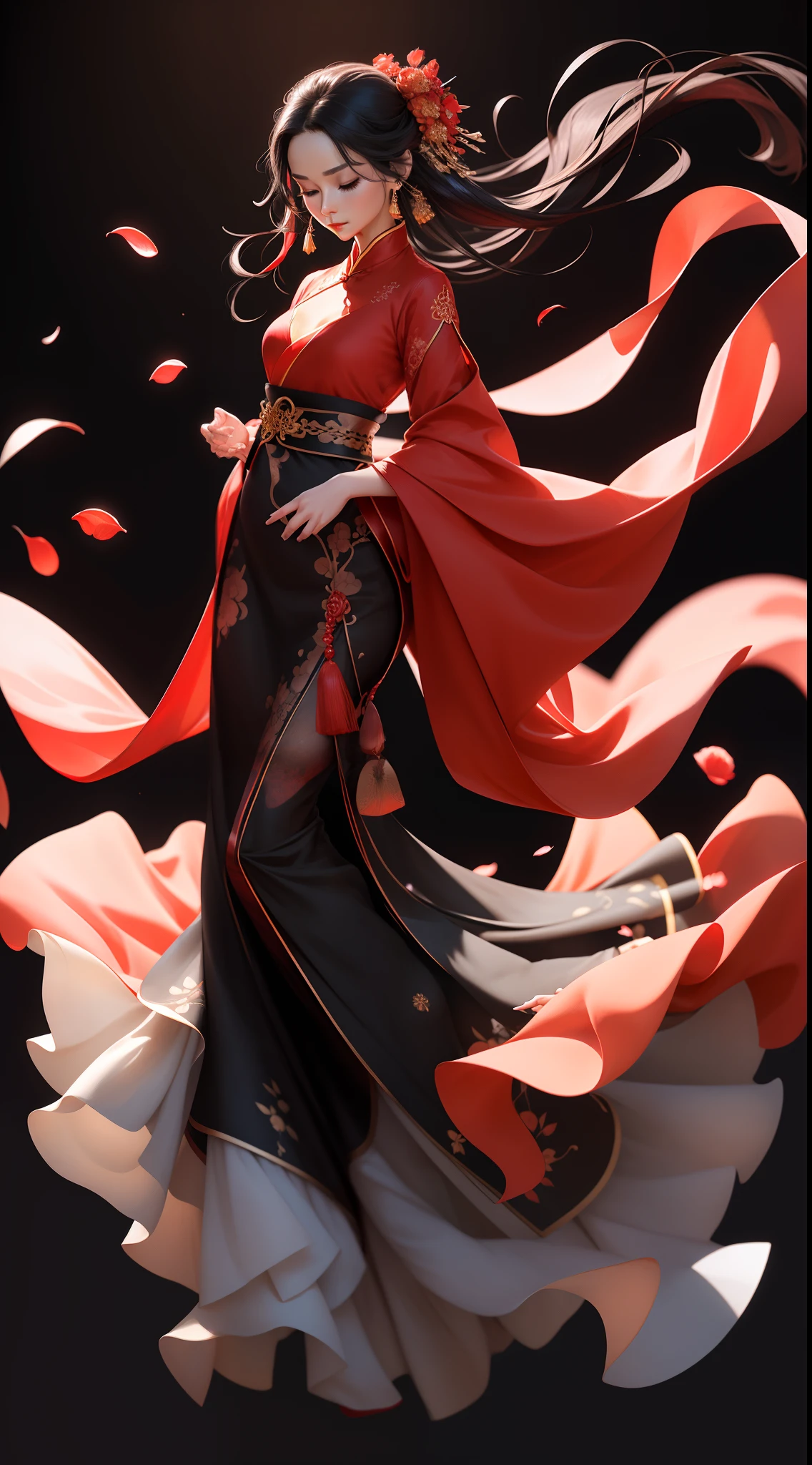 best quality,
1girl, solo, petals, closed eyes, hair ornament, dress, jewelry, black background, full body, black hair, long sleeves, red dress, sash, earrings, chinese clothes, floating hair, simple background, standing, closed mouth, hanfu
rackanimal,black background,