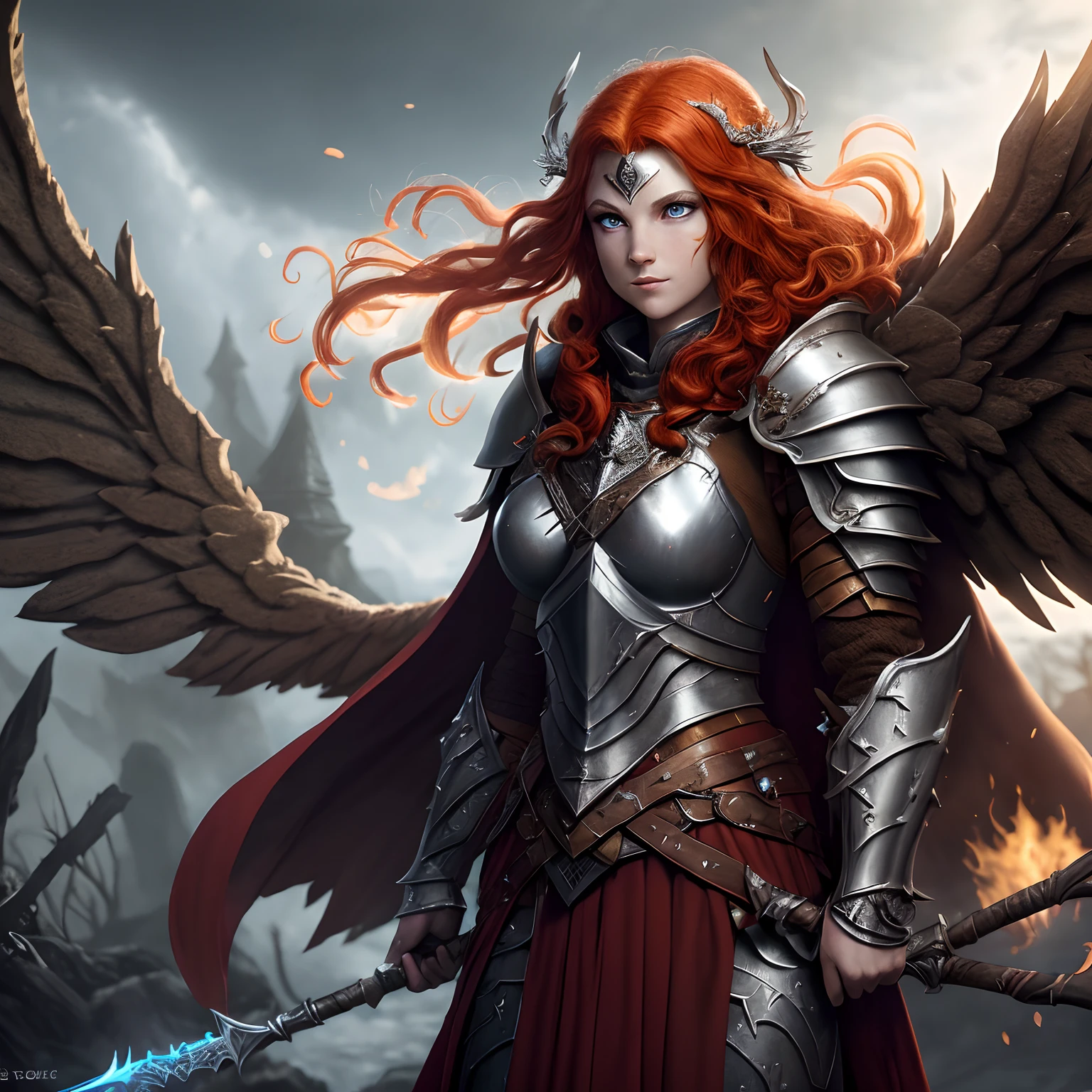 (very detailed 8k wallpaper), (soulsborne), game art, norse mythology, a female warrior floating in the air (big wings), (helmet covering face), pretty face, long red hair (detailed skin texture : 1.2), messy hair, huge red cape, full body, background is Valhalla, masterpiece, best quality, (best illustration), (best shadows), cinematic particles, depth of field, dungeons and dragons, fire genasi, Valkyrie, wings, plate armor, spear, spiked shield