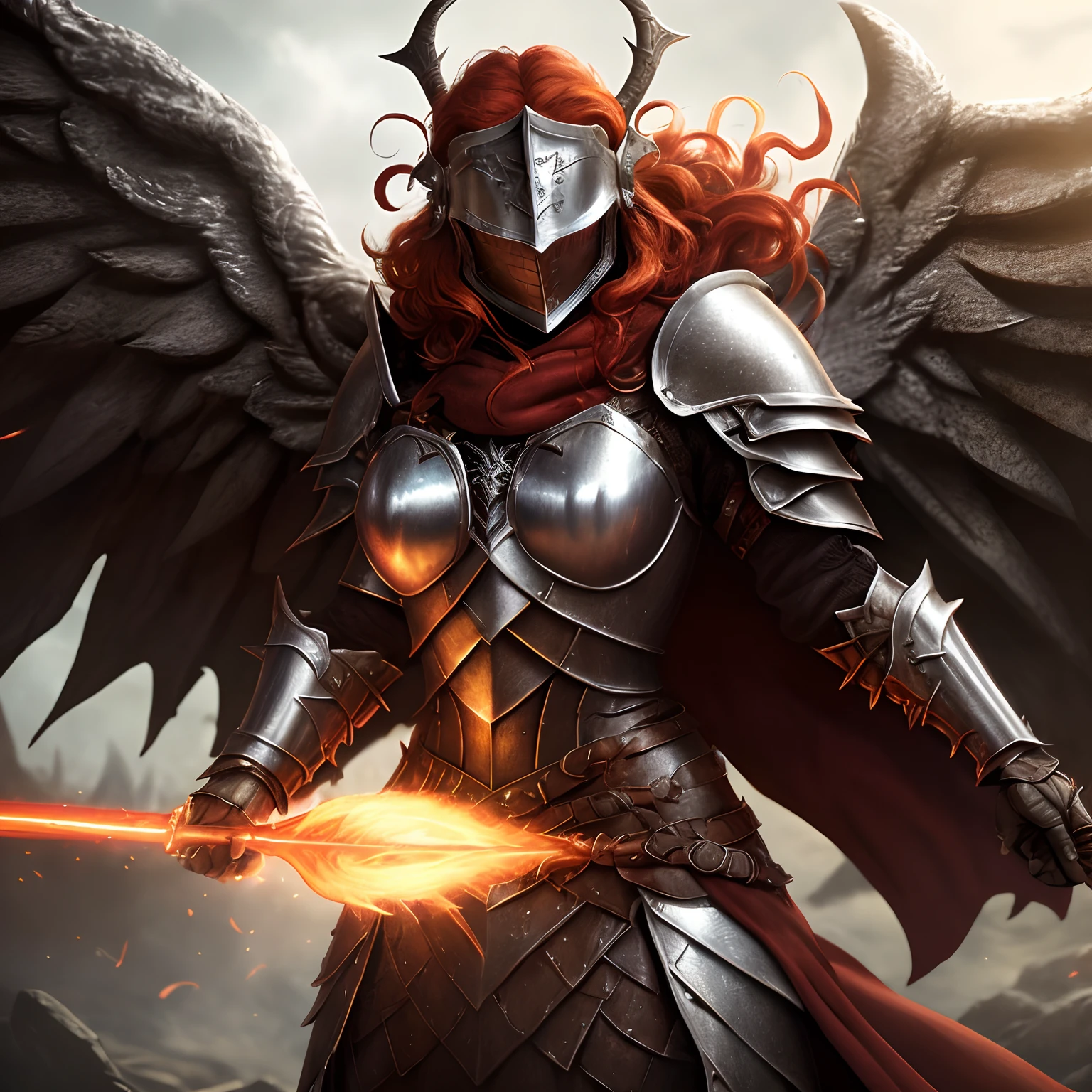 (very detailed 8k wallpaper), (soulsborne), game art, norse mythology, a female warrior floating in the air (big wings), (helmet covering face), pretty face, long red hair (detailed skin texture : 1.2), messy hair, huge red cape, full body, background is Valhalla, masterpiece, best quality, (best illustration), (best shadows), cinematic particles, depth of field, dungeons and dragons, fire genasi, Valkyrie, wings, plate armor, spear, spiked shield