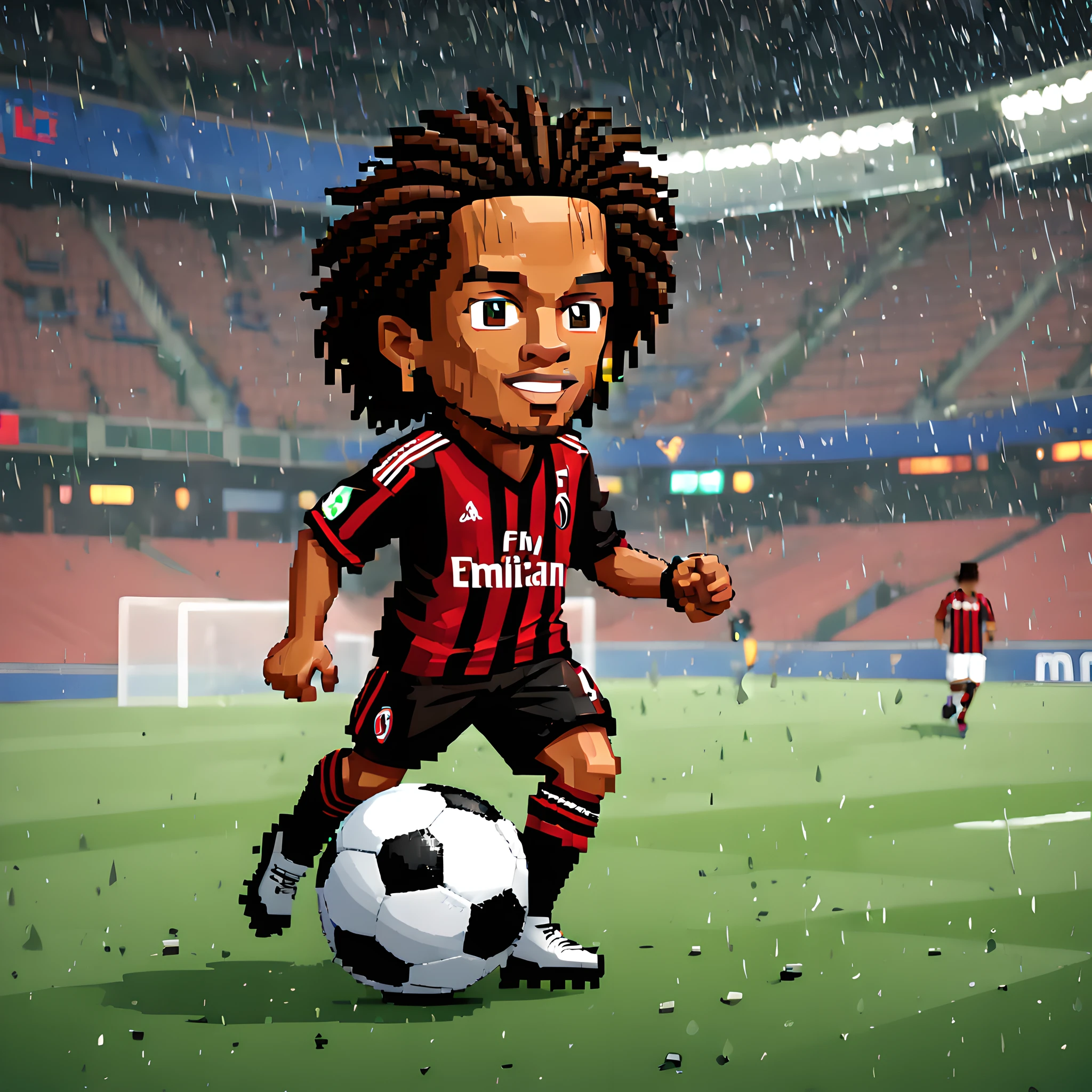 (Pixel art:1.5), (pixel theme:1.5), (chibi emote:1.5), (chibi character:1.5), (japanese game character:1.5), (fantasy:1.5), (rainy night:1.5), (heavy rain:1.5), (Ronaldinho:1.5), (AC milan:1.5), (playing soccer:1.5), (soccer stadium:1.5), (seria A:1.5), (dribbling:1.5),(feint:1.5),