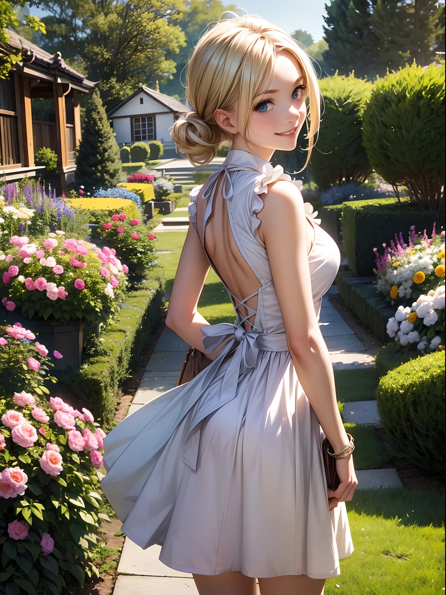 Blonde girl, cool outfit, smile, happy, garden, beautiful, pov, from back, look back