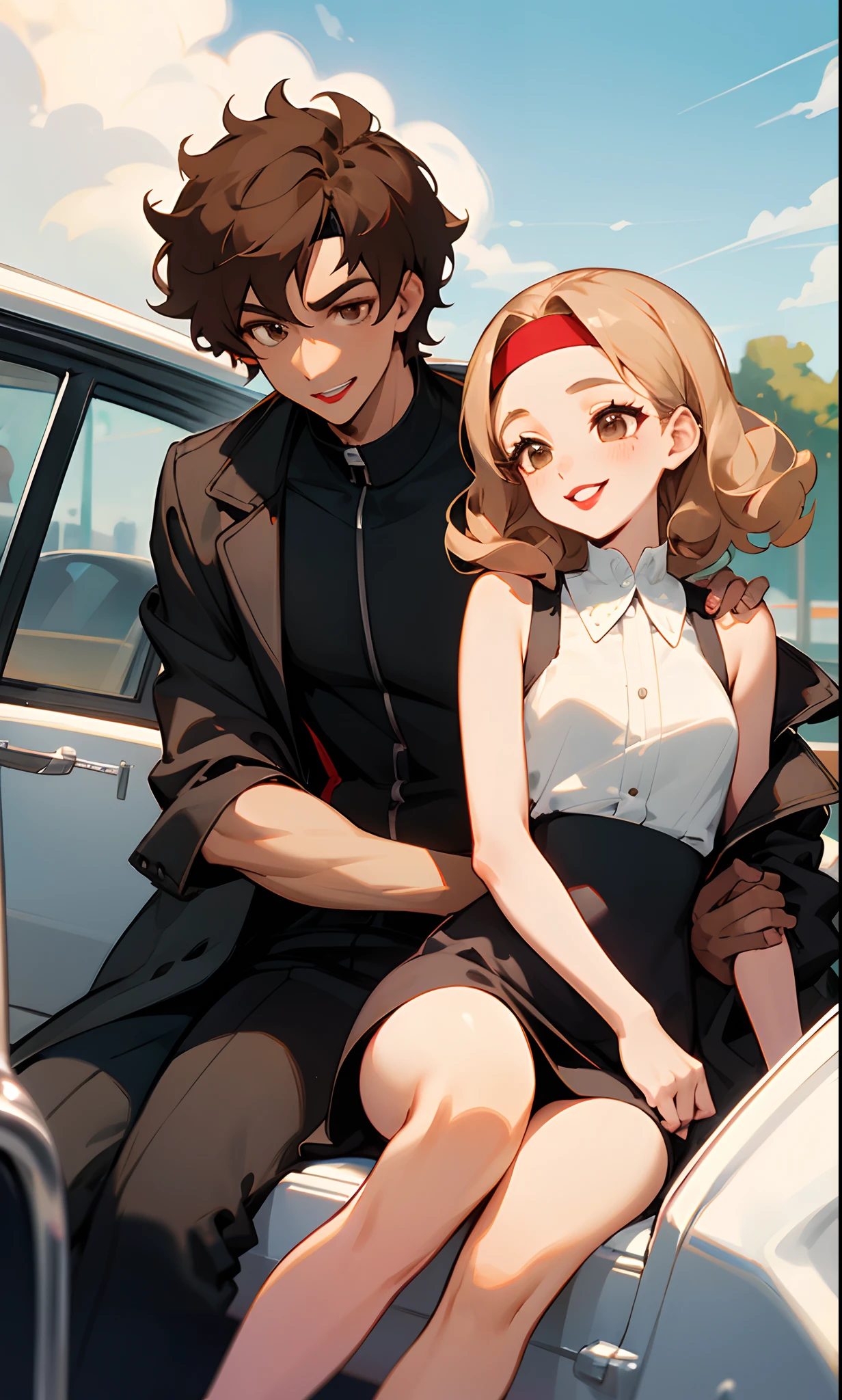 Pixar Disney movie poster with character couple sitting in car lebanese girl with brown curly hair and brown eyes and red lipstick with a thin white headband on wearing a black sleeveless dress and a white shirt under sitting next to a German boy with floppy dark blonde hair with hazel eyes and a black jacket on with a white shirt smiling