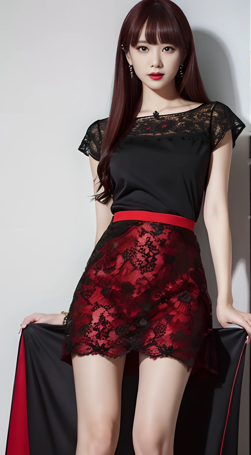 ((masutepiece: 1.4, Best Quality))+,(Ultra Detail)+, Official art, Unity 8k壁纸, ultra-detailliert, Beautiful, High quality, Beautiful, masutepiece, Best Quality, (ample breasts), Full body, standing painting, White background, Red Straight Hair, gloomy eyes, Black Little Snake, White theme, Red Jewelry, inlay, Black Lace Flat, asymmetric skirt, Lots of races，High-quality images that look well-balanced，