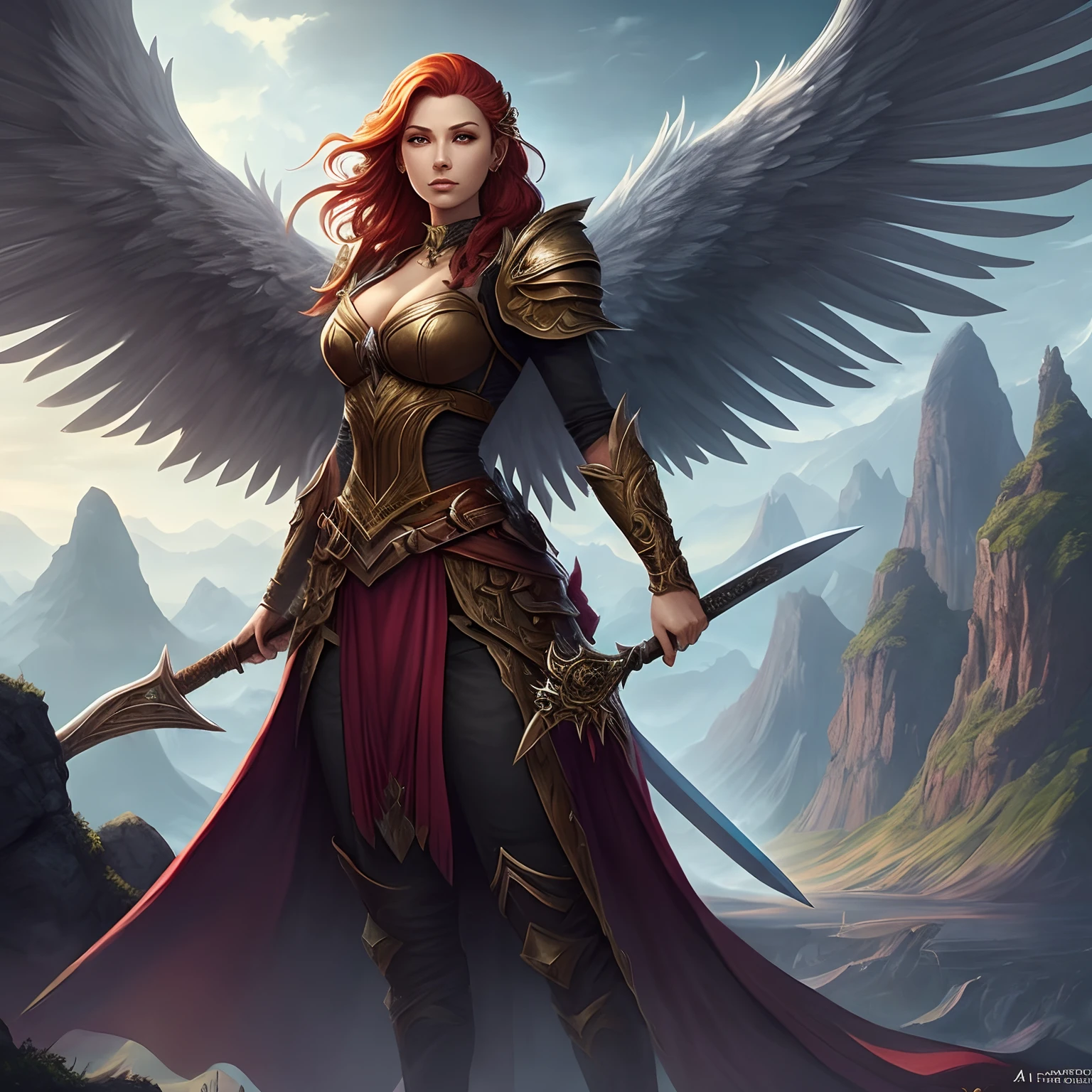 Uma mulher com espada e asas em frente a uma montanha, do cavaleiro do anjo, like a mystical valkyrie, artegerm , epic fantasy character art, arte de fantasia de alta qualidade, epic fantasy digital art style, arte do personagem de fantasia, female redhead templar, fantasia paladin mulher, Arte do Jogo de Cartas de Fantasia, artegerm extremamente detalhado