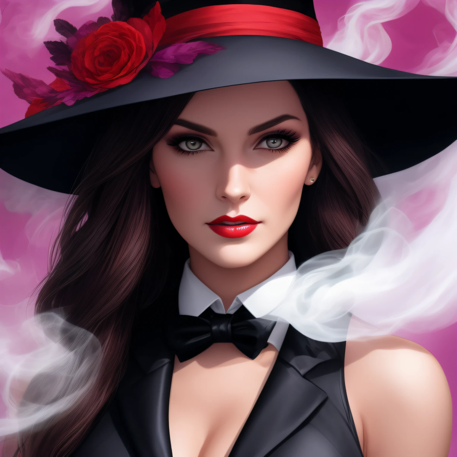 close up, Zatanna из DC Comics, young, beautiful, epic villainess, witch, goddess, looking at viewer, waiting to make love to viewer, Ghost, Dark, Ultra Detailed, red transparent smoke swirls around her, real, high detail, best quality
