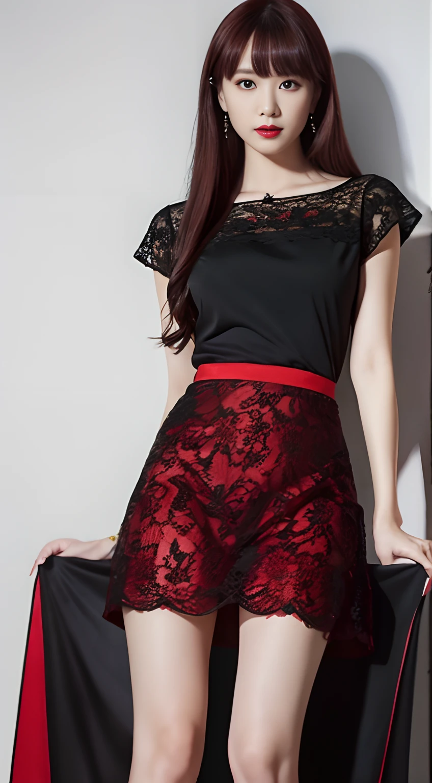 high quality)、(high resolution)、Professional Lighting、50-year-old woman、Thin and beautiful legs、Narrow waist、(Big Breasts)、whole body、Elegant sleeveless lace blouse、Lace skirt、sofa