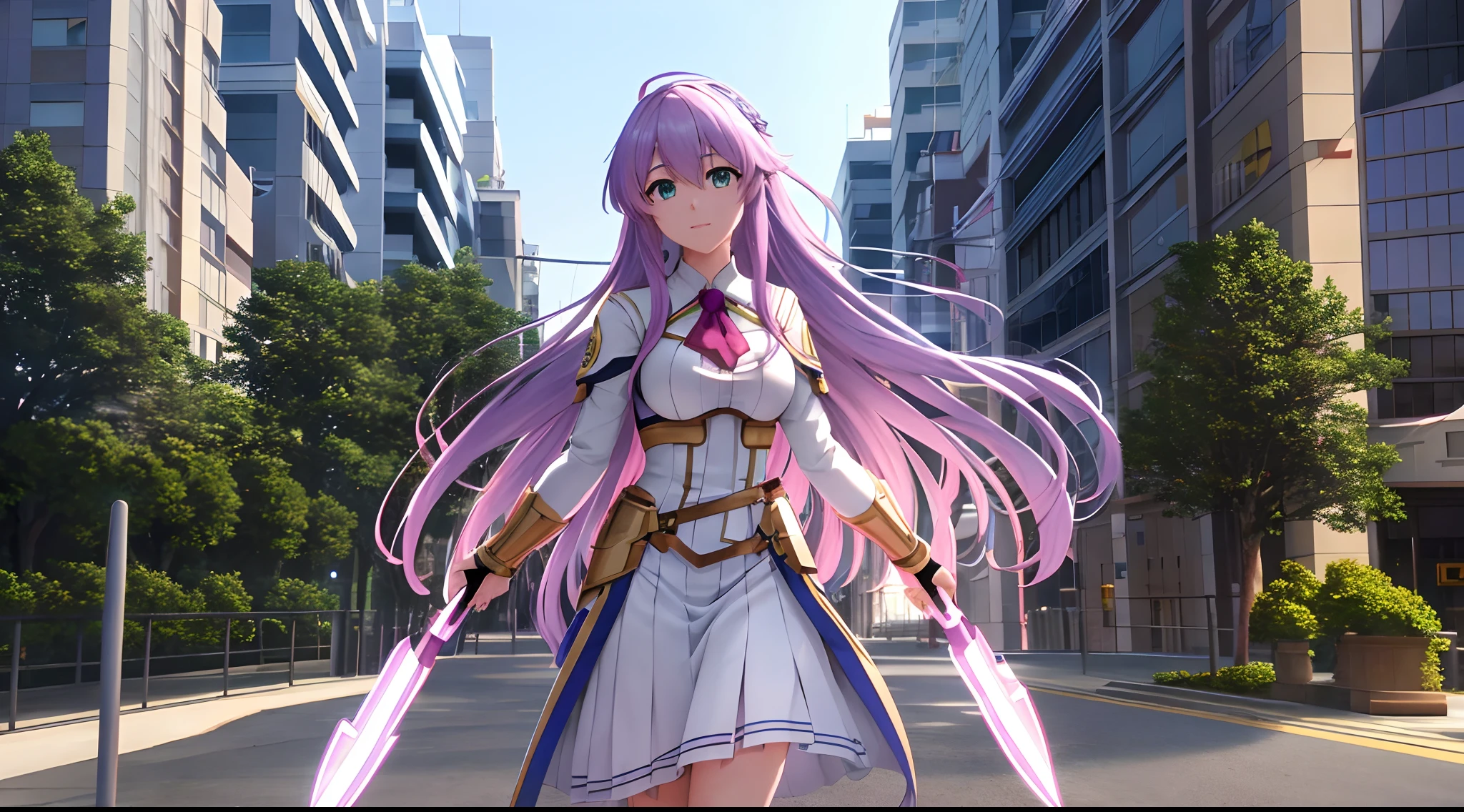 Athena with plain long light purple hair,hair between eyes,green eyes,rosy cheeks,full lips,thin eyebrows,slender body,wearing rising of shield hero uniform and full long skirt,cute anime girl,full body,futuristic city streets in background,anime style,extremely deep depth of field,Lumen Reflections,Screen Space Reflections,Diffraction Grading,Chromatic Aberration,GB Displacement,Scan Lines,Ray Traced,Anti-Aliasing,FXAA,TXAA,RTX,SSAO,Shaders,OpenGL-Shaders, GLSL-Shaders,Post Processing,Post-Production,cell Shading,Tone Mapping,CGI,VFX,SFX,insanely detailed and intricate, 4K,standing, solo, masterpiece, best quality, detailed face, detailed eyes, highres, standing, solo,masterpiece, best quality