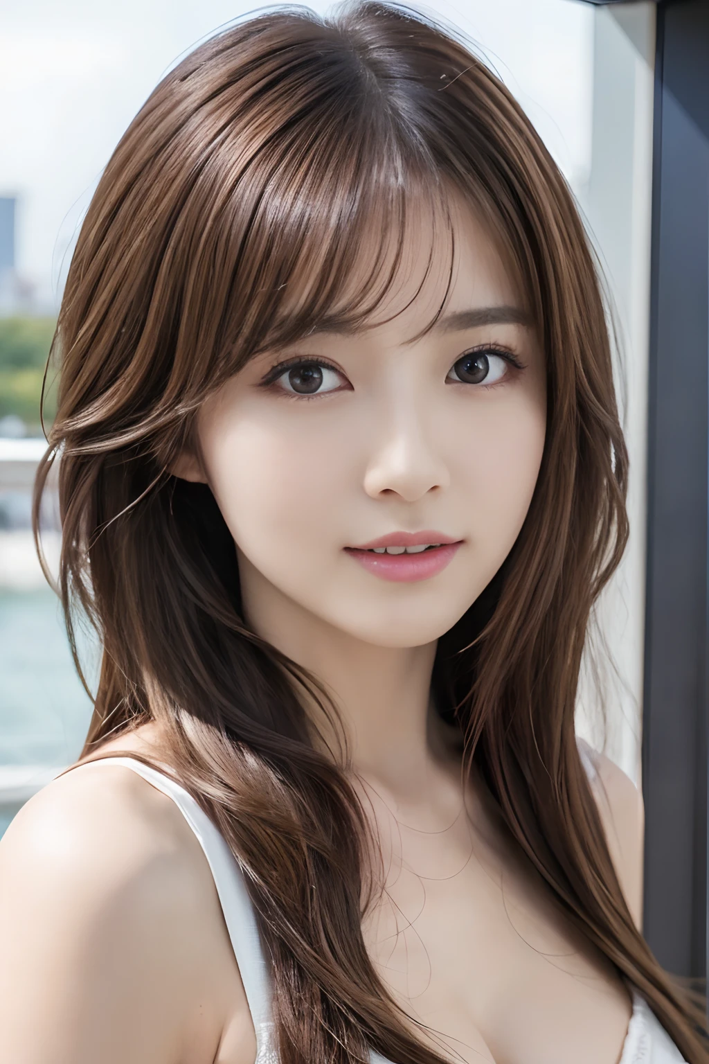 (hight resolution:1.3), (8K, Photorealsitic, Raw photography, Top image quality: 1.4), japanes, (1girl in), beauitful face, (Lifelike face), (Brown hair、Medium Hair:1.3), disheveled hairstyle, realisticeyes, beautiful finely detailed eyes, (real looking skin), Beautiful skins, enticing, 超A high resolution, A hyper-realistic, high detailing, the golden ratio,view front、