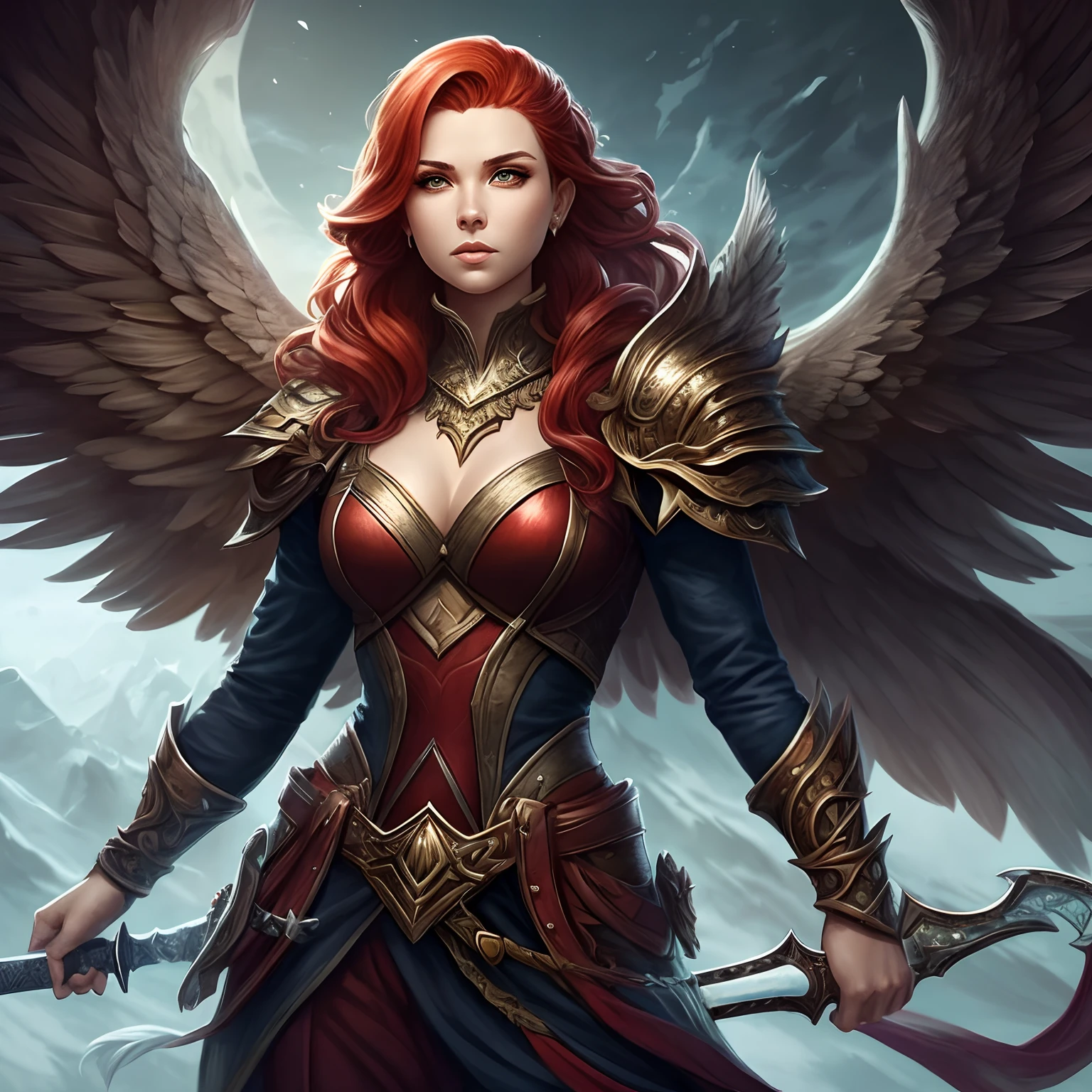 A woman with a sword and wings standing in front of a mountain, do cavaleiro do anjo, as a mystical valkyrie, Artgerm , epic fantasy character art, arte de fantasia de alta qualidade, Epic Fantasy Digital Art Style, arte do personagem de fantasia, female redhead templar, fantasia paladin mulher, Arte do Jogo de Cartas de Fantasia, Artgerm extremamente detalhado