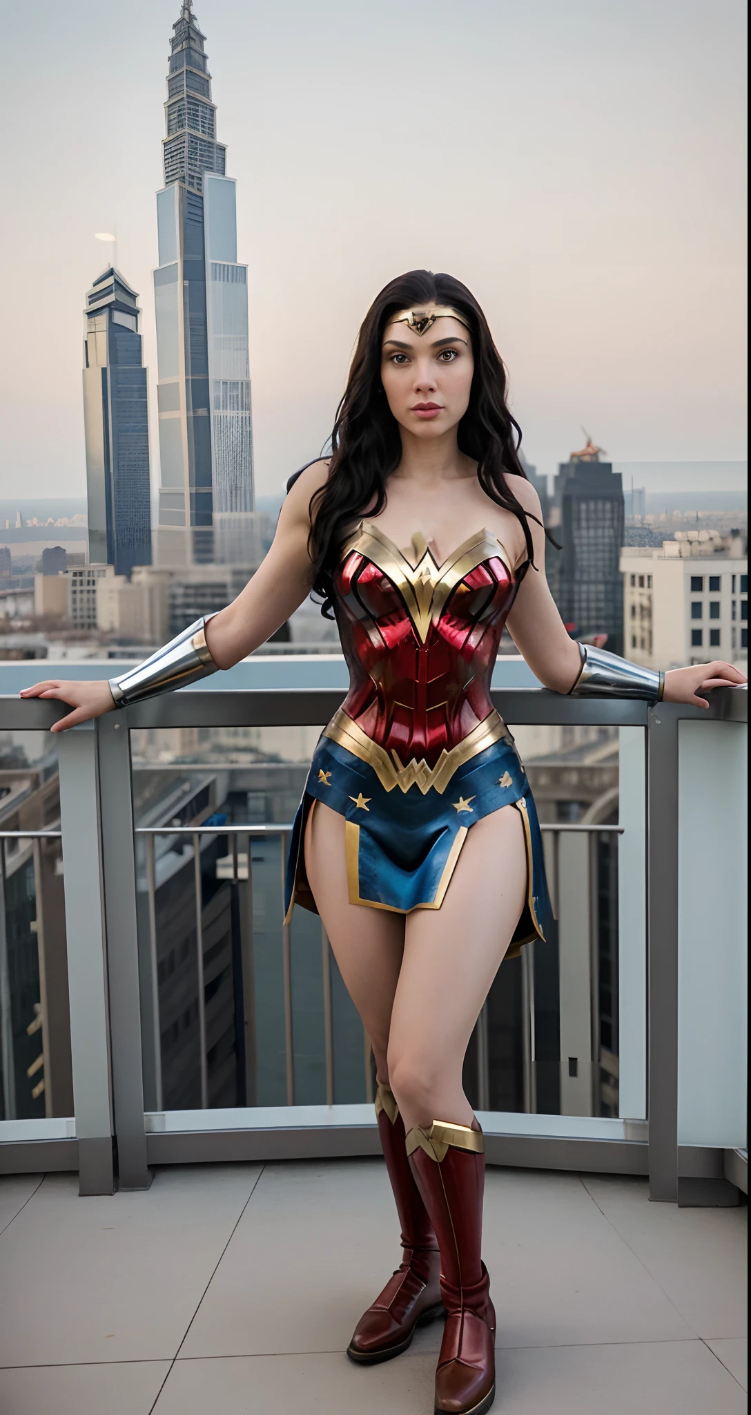 1 mulher bonita em seus 19 anos com seu volumosos cabelo muito longo excedendo sua cintura em comprimento de cor loiro e seus grandes e belos seios usando um cosplay da wonder woman ,Standing on the terrace of the tallest building in the city while looking at the observer, corar