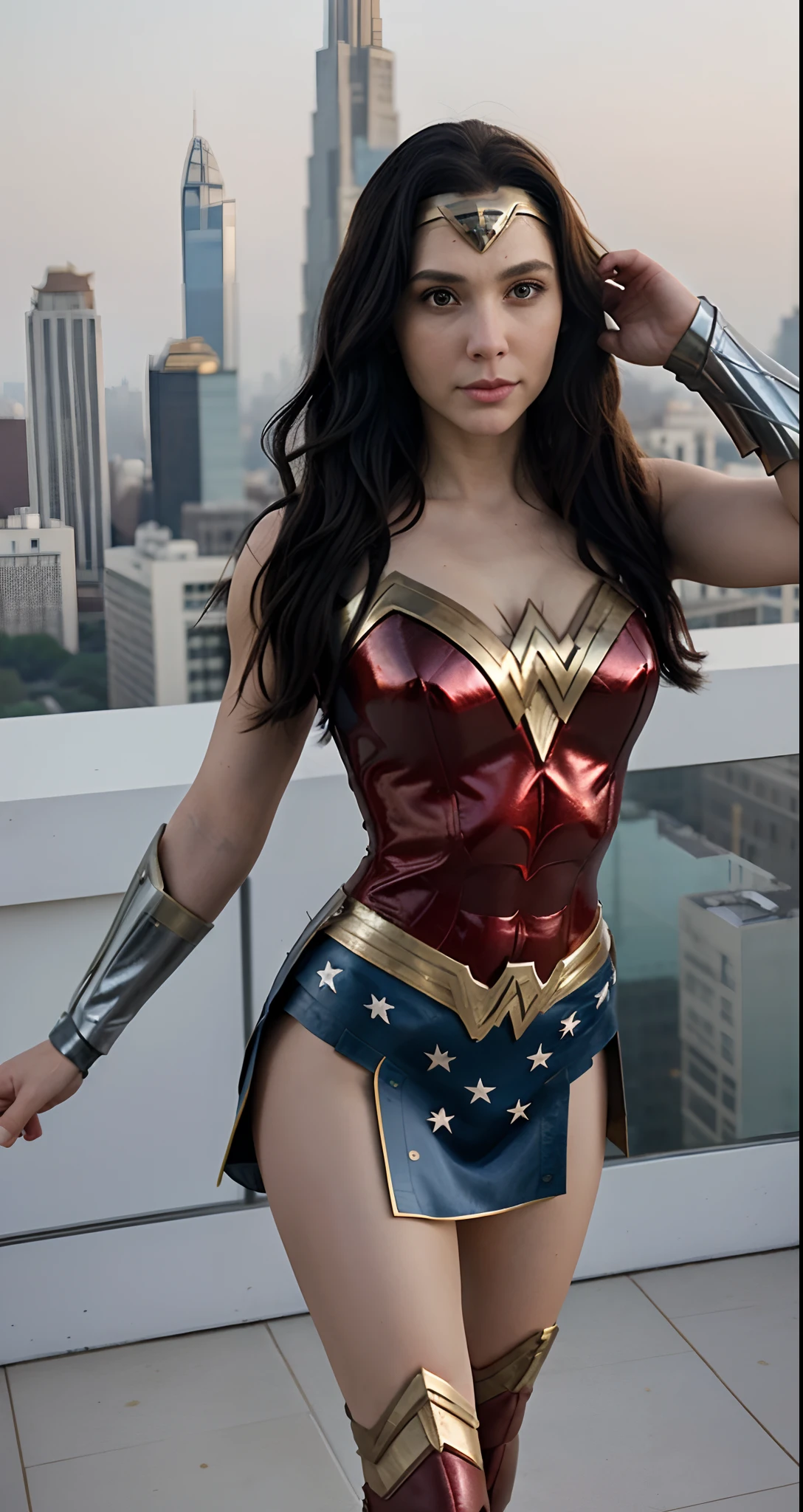 The character Wonder Woman in her traditional costume, perfect blue eyes, black hair in the wind, perfect anatomy, beautiful girl 