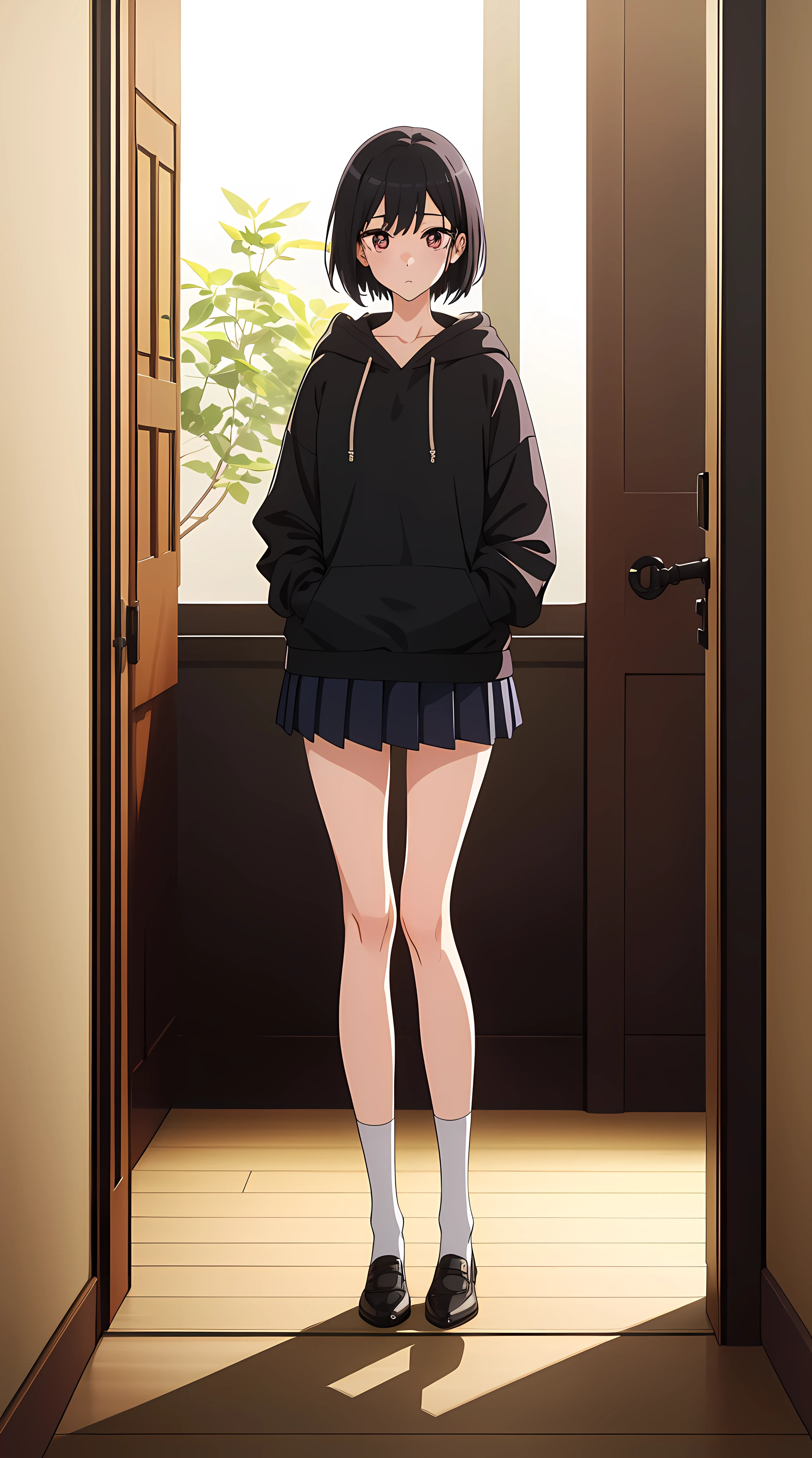 (masterpiece:1.0),(best_quality:1.0), ultra high res,ultra-detailed, professional artwork, Intricate Details, sharp focus, extremely detailed painting, photorealistic lighting, trending on pixiv, Standing at attention, looking at viewer, official art,extremely detailed CG unity 8k wallpaper, 1girl, solo, a character with short black hair, wearing a white hoodie, black pleated skirt, high-leg white socks, and white shoes, cowboy shot, bisquedoll anime style