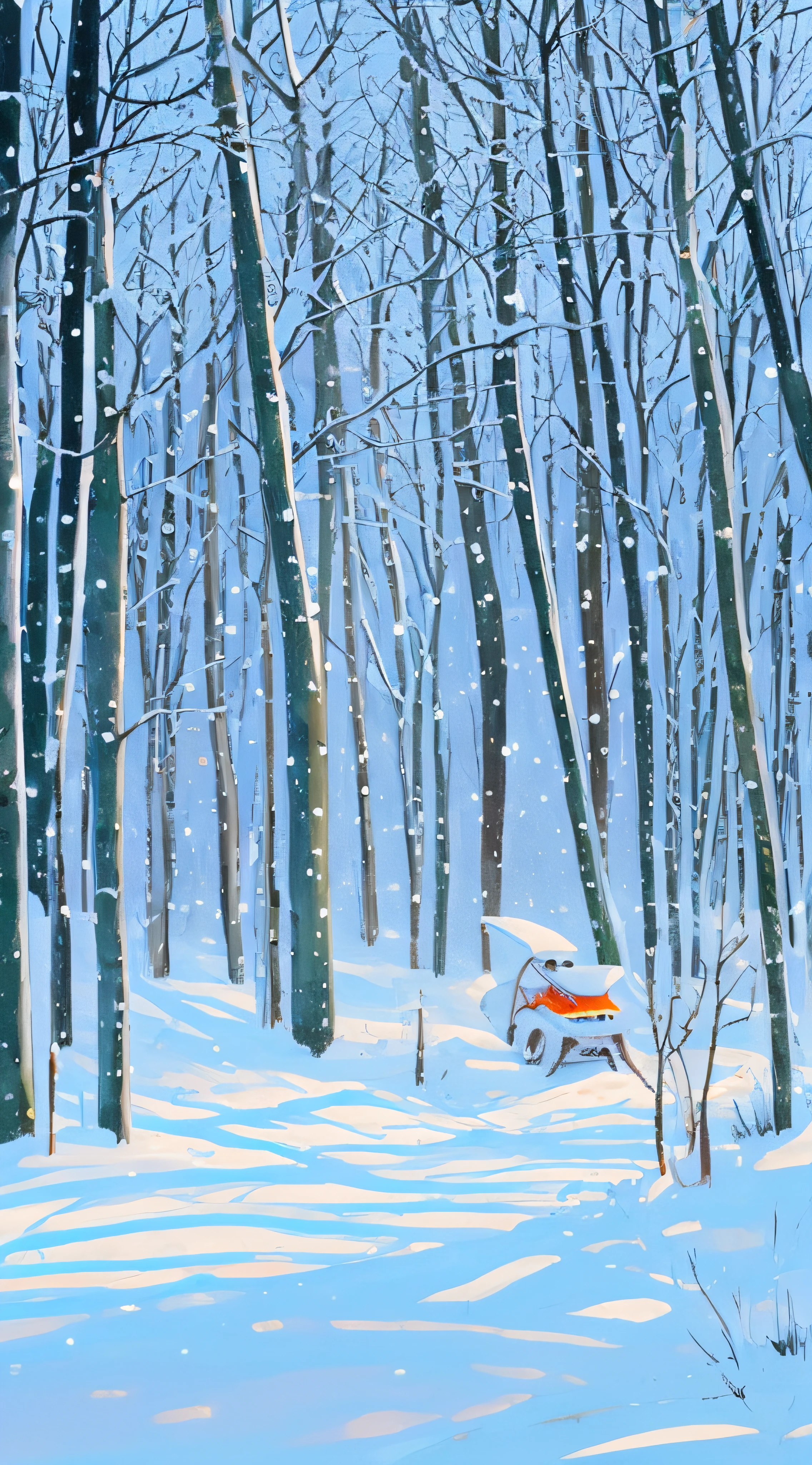 snowy days,  snow landscape , Woods path, Meandering, No characters ,warm color , Trip, ((A small buggy)), handpainted, scenecy, large scene