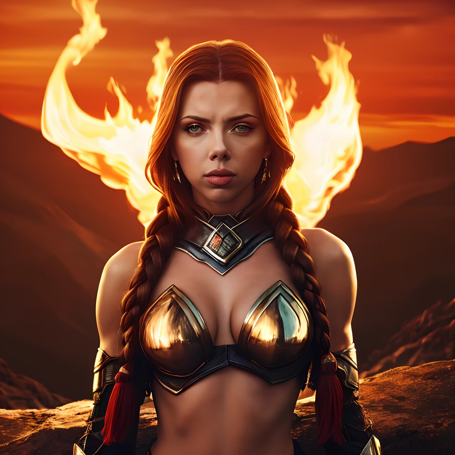 Berserker, barbarian woman(Scarlet Johansson),  Arte de Fantasia, of his gaze alone enemies beginning to panic, one head, devilish smile, besta do inferno, demonio, White Fire Sky, guerreira, com foice e escudo, Linda, Mulheres, Werelion, Long red braided hair, olhos dourados brilhantes, realista, altamente detalhados, Motor irreal, 8k de luxo