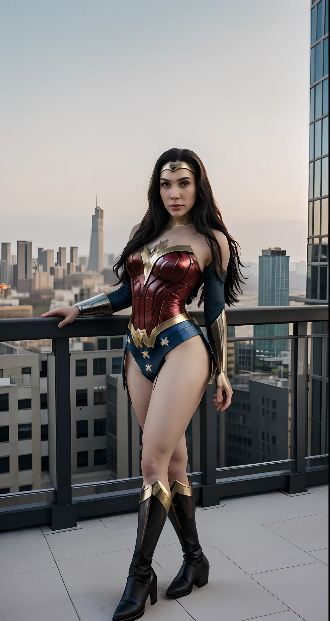 1 mulher bonita em seus 19 anos com seu volumosos cabelo muito longo excedendo sua cintura em comprimento de cor loiro e seus grandes e belos seios usando um cosplay da wonder woman ,Standing on the terrace of the tallest building in the city while looking at the observer, corar