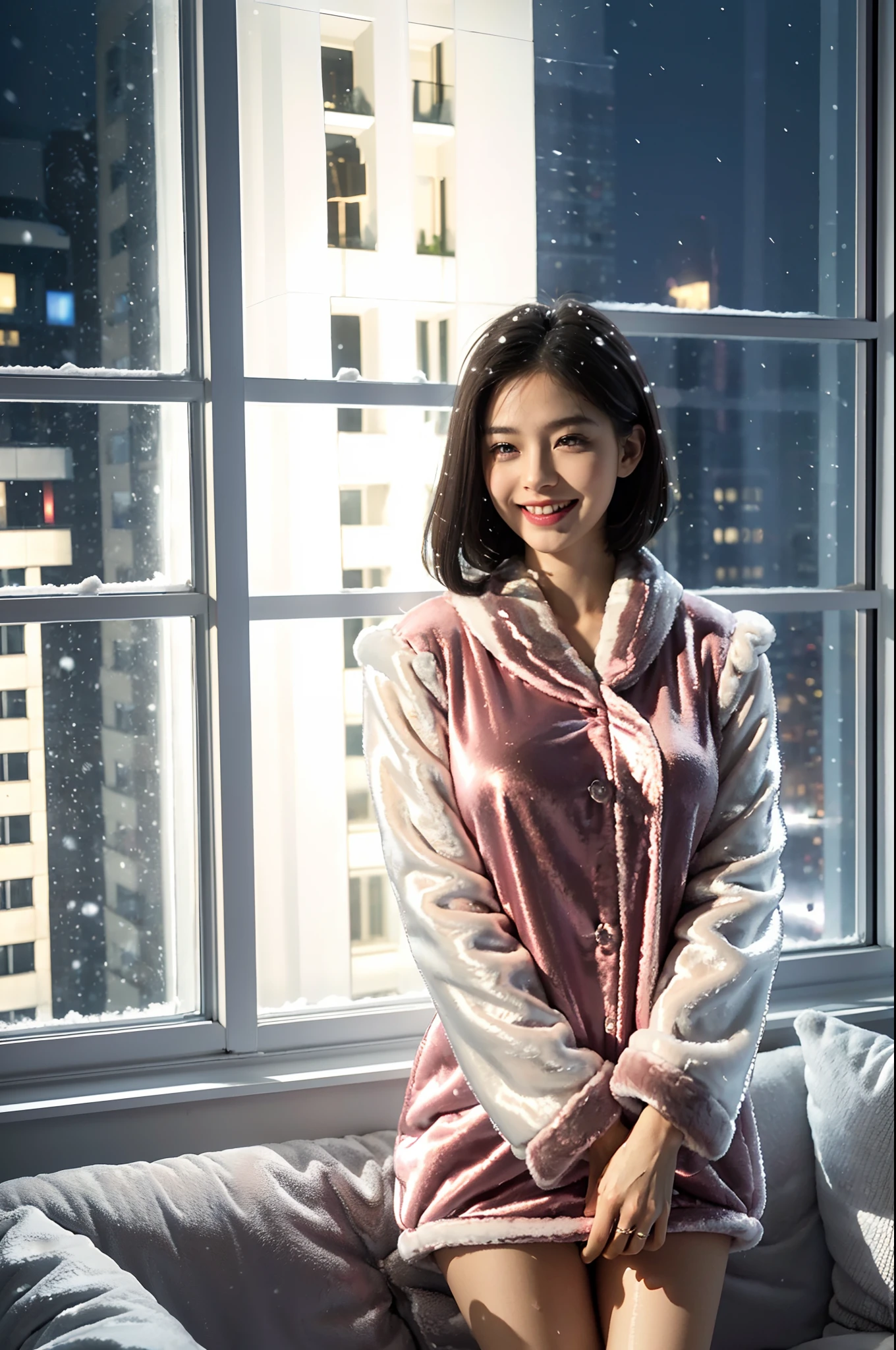 (shoulder-length straight short hair:0.9),（Extremely meticulous CG 8k wallpaper），（Extremely refined and beautiful），（Masterpiece），（best qualtiy:1.0），（Ultra High Resolution:1.0),beautiful light up，Perfect lightning,realistic shaded，[A high resolution],(Smooth and flawless fair skin:1.5),Extremely exquisite facial details，ultra - detailed,A  girl,small head,Close Shot,at home,in living room,standing,(Huge french window:1.3),(laughing:1.3),small face,（perfect body:1.1）,small breasts，flat chest,slim,collar,(white mink fur pajama dress:1.5),(femal orgasmic:1.5),(blush:1.3),ahegao,cowboy shot,portrait,from front,night scene,dim light,(Outside the window are the lights of tall buildings in the dark night:1.5),dark night outside the window,At winter night,(snowing outside:1.3)