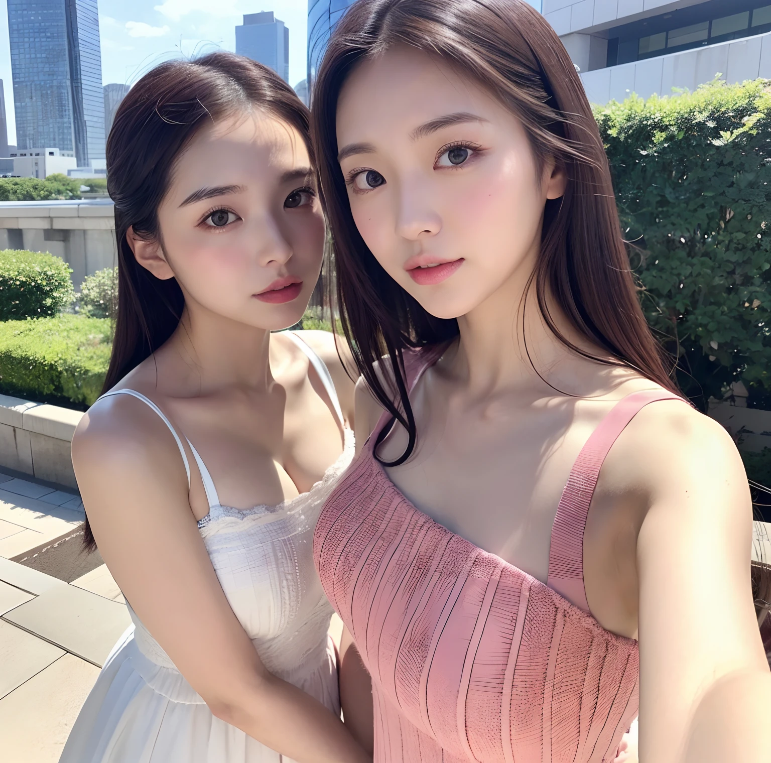 (masutepiece, Best Quality, Ultra-detailed)A friend's two-shot、selphie, fully body photo、Shooting with a smartphone,city scenery、Kaori like perfume,skin whitening,Pink lips,