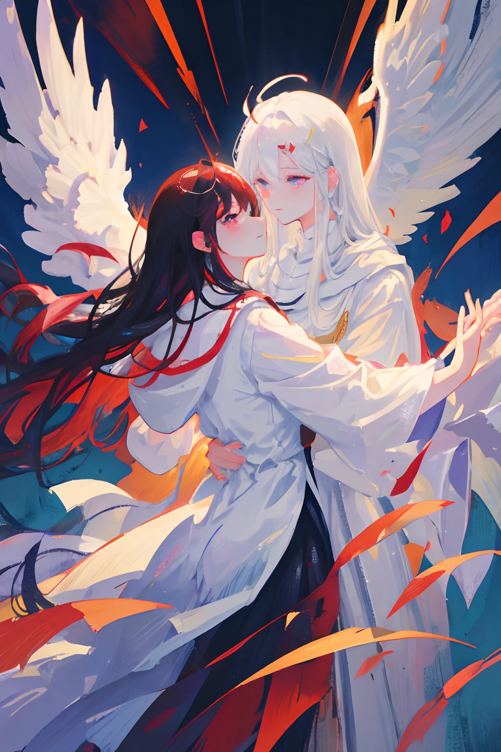 Two people，On the right is a delicate and beautiful young angel with silver-white hair, white clothes, red eyes, and black wings, looking at the demon with a look of resistance，On the left is a demon with long black hair and purple eyes, looking at the angel seductively, holding the angel's left hand，Both have two hands, each with a perfect five fingers，The background is the church，There is light，8k，Japanese manga style，European medieval oil painting