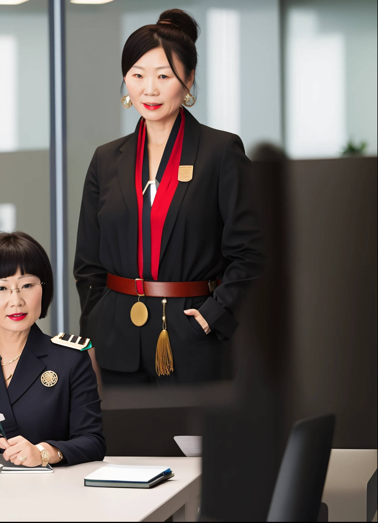 Office woman. Chinese. Asymmetrical bangs, short hair. Hero who uses office supplies as her weapons. She has a belt that they attach to. Metal gear.