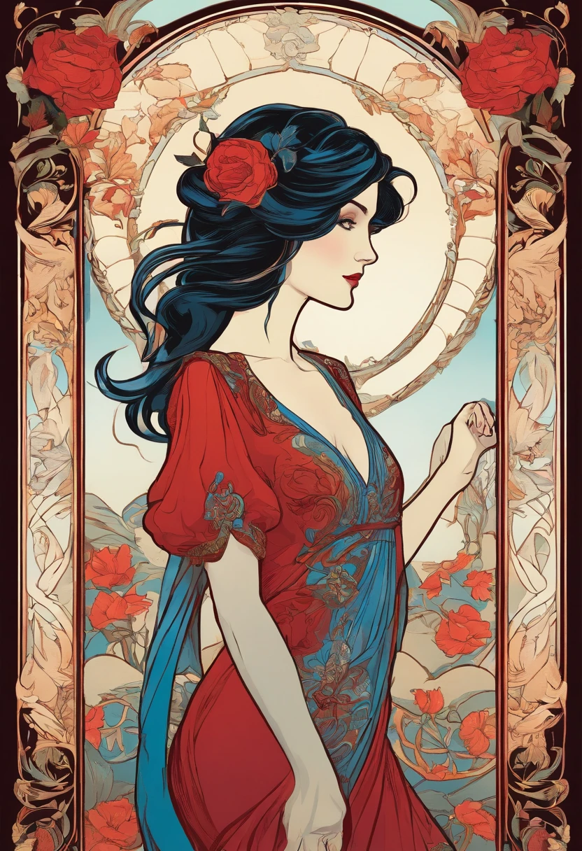 ((masterpiece)), (best quality), (ish),  Art Nouveau watercolor painting , moon goddess  , Big breasts，robe，thong，Show your neck，bare shoulders，Show belly button，camel toe exposed，big eyes, long, thick eyelashes, plump lips, dark red eyes, hair long and thick,  high ponytail, chubby, flowery_background, Intricate designs and patterns in the style of Alphonse Mucha.from behind