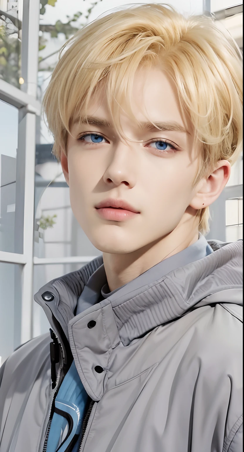 A man with realistic blonde hair, exact same hairstyle, realistic blue eyes, realistic seductive expression, realistic exciting expression,Realistic expression of wanting to have sexual intercourse, realistic handsome face,Realistic gray jacket, realistic light, realistic shadows, realistic background