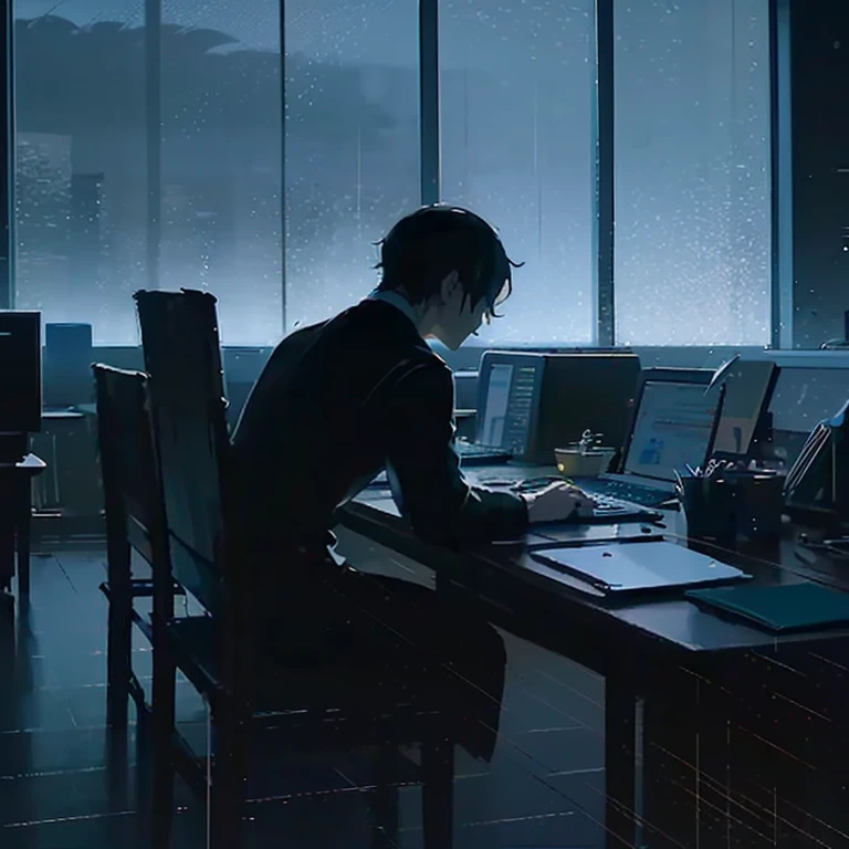 Dark indoor,of men,sitting in front of the computer,Artistic,Rain outside the window,1人,Long