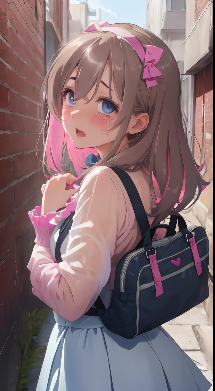 Back alley with gray concrete walls,The lights outside are dim,fluffy hair,Light brown hair with pink inner color,Blue eyes,Outfit with a white skirt and a see-through top with plenty of frills,Light blue, yellow, Orange and green,Long sleeves with a sense of transparency,Clothes are out of place,Hair Band,Boston Bag&Carry Bag,SEX,AHE Face,The back is visible,Pulling up your hair,She is clasping her hands in front of her chest anxiously,Look back,Crying face,Teary-eyed,Sexy lips,half-opened mouth,It has a lustful look,Sleepy face,heart mark,Smokexxx,red tide,