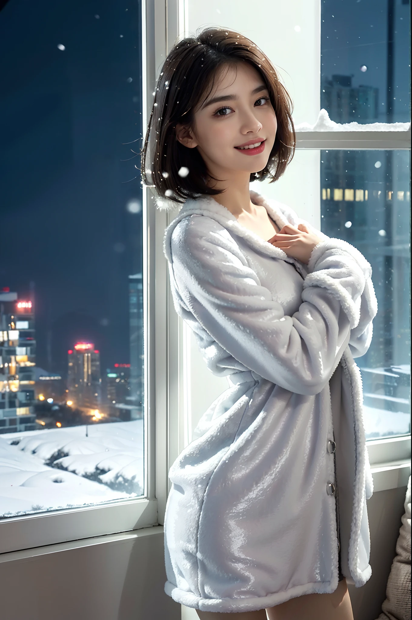 (shoulder-length straight short hair:0.9),（Extremely meticulous CG 8k wallpaper），（Extremely refined and beautiful），（Masterpiece），（best qualtiy:1.0），（Ultra High Resolution:1.0),beautiful light up，Perfect lightning,realistic shaded，[A high resolution],(Smooth and flawless fair skin:1.5),Extremely exquisite facial details，ultra - detailed,A  girl,small head,Close Shot,at home,in living room,standing,(Huge french window:1.3),(laughing:1.3),small face,（perfect body:1.1）,small breasts，flat chest,slim,collar,(white mink fur pajama dress:1.5),(femal orgasmic:1.5),(blush:1.3),ahegao,cowboy shot,portrait,from front,night scene,dim light,(Outside the window are the lights of tall buildings in the dark night:1.5),dark night outside the window,At winter night,(snowing outside:1.3)