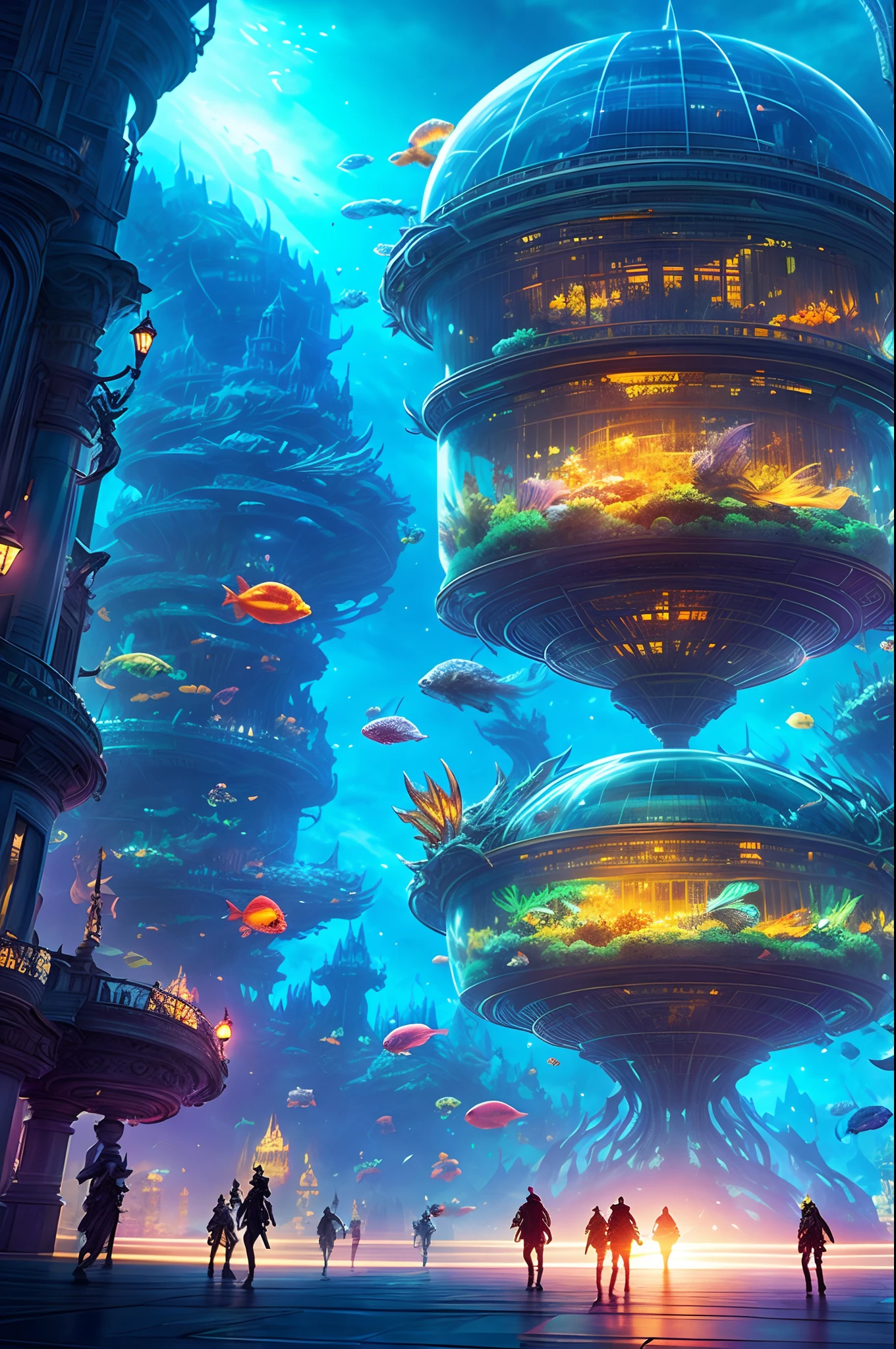 Fantasy concept art, a transparent building as a huge aquarium with fish at night, beautiful light decoration, wide angle lens, 8k octane rendering, realistic, epic shots, movie lighting, detailed architecture, detailed fish, brilliant and colorful