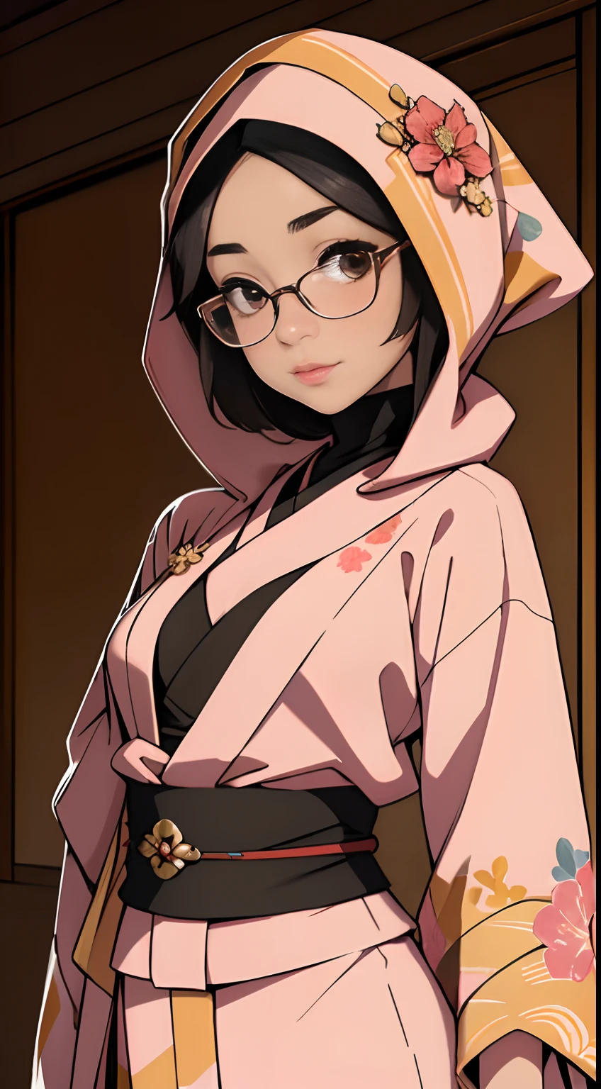 (iu:0.8),((small breast)), RAW, Best quality, high resolution, Masterpiece: 1.3, Beautiful glasses javanese woman in colorful hijab, Masterpiece, Perfect slim body, Beautiful big eyes, Soft smile, Wearing open chest kimono