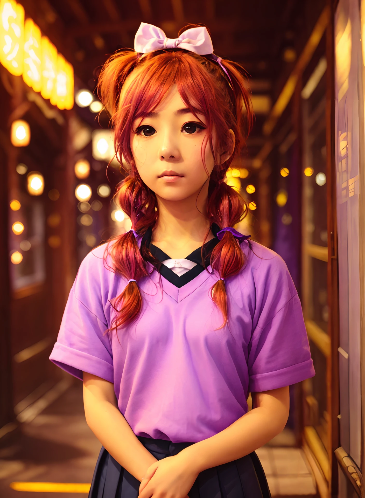 White girl, red curly hair in a ponytail, white bow, purple japanese school uniform, pastel purple socks, black mary janes, yellow glove on right hand
