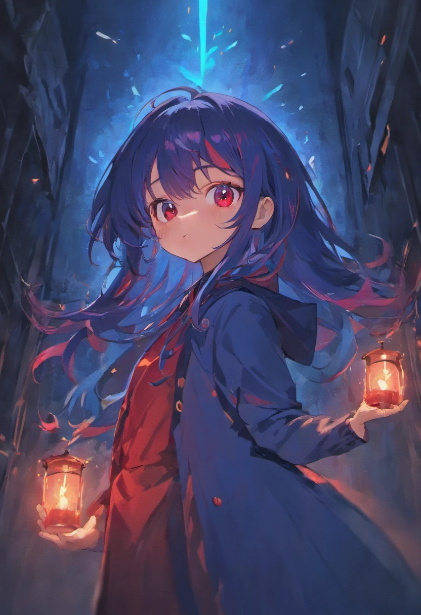 Solo girl, cute, glowing red eyes, deep blue hair, long hair, standing, dark room, best quality, blue fire candle, super detailed, evil smile, anime style, wearing a long coat, red coat, open shirt, (6 , youngest)