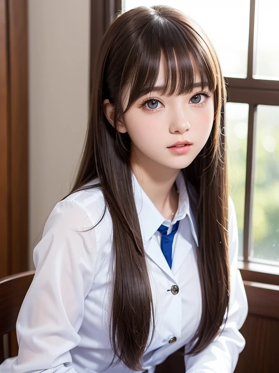 (1girl), (sexy look:1.5), (Highly detailed eyes, Highly detailed face), (Hyper-realistic, hight resolution), (Best Quality:1.4), (hyper quality), Authentic skin texture, Raw photo, (Realistic, Photorealsitic:1.37), highly detailed, Professional Photography, (school uniform, pleated skirt:1.3), (Staring at me), (School, classroom), (facing me and kissing me:1.4),