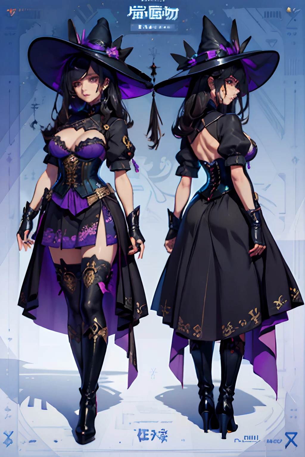 ((masterpiece)),(((best quality))),(((highly detailed))), (Character design sheet, same character, same outfit, ""main front view, side view, back view ""), illustration, 1 girl, perfect ilustration, human, long black hair, golden eyes, medium breasts, makeup is white and blue tones, genshin impact style, purple magical girl style witch clothing, full body, conical witch hat, corset , short dress, high stockings, leather boots and gloves, digital background, casting shadow. exceptional details in eyes, face, hair, clothes, hands and legs.