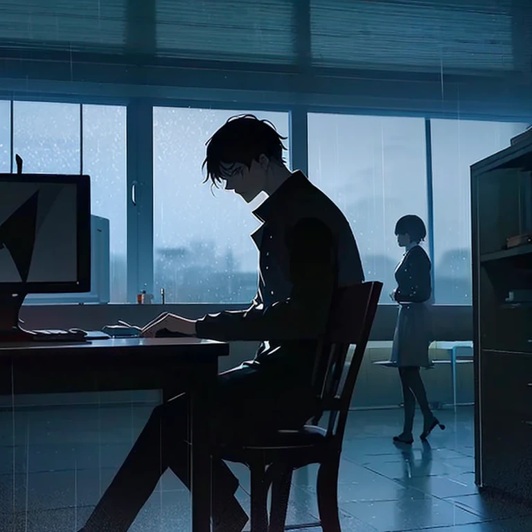 Dark indoor,of men,sitting in front of the computer,Artistic,Rain outside the window,1 persons