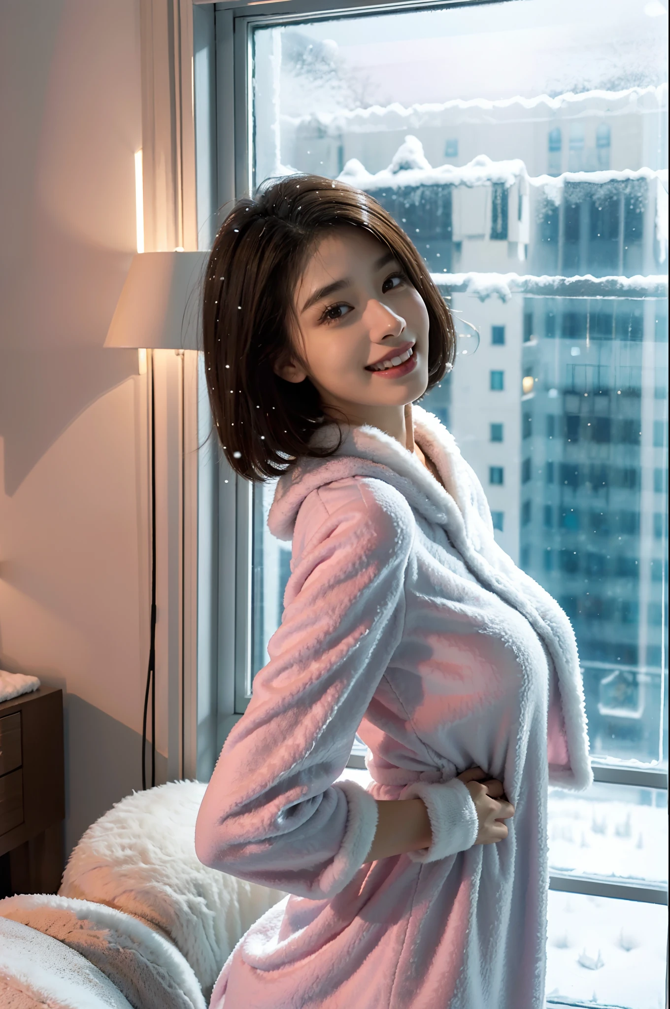 (shoulder-length straight short hair:0.9),（Extremely meticulous CG 8k wallpaper），（Extremely refined and beautiful），（Masterpiece），（best qualtiy:1.0），（Ultra High Resolution:1.0),beautiful light up，Perfect lightning,realistic shaded，[A high resolution],(Smooth and flawless fair skin:1.5),Extremely exquisite facial details，ultra - detailed,A  girl,small head,Close Shot,at home,in living room,standing,(Huge french window:1.3),(laughing:1.3),small face,（perfect body:1.1）,small breasts，flat chest,slim,collar,(white mink fur pajama dress:1.5),(femal orgasmic:1.5),(blush:1.3),ahegao,cowboy shot,portrait,from front,night scene,dim light,(Outside the window are the lights of tall buildings in the dark night:1.5),dark night outside the window,At winter night,(snowing outside:1.3),shoulder off,bare shoulder,Clavicle, cleavage