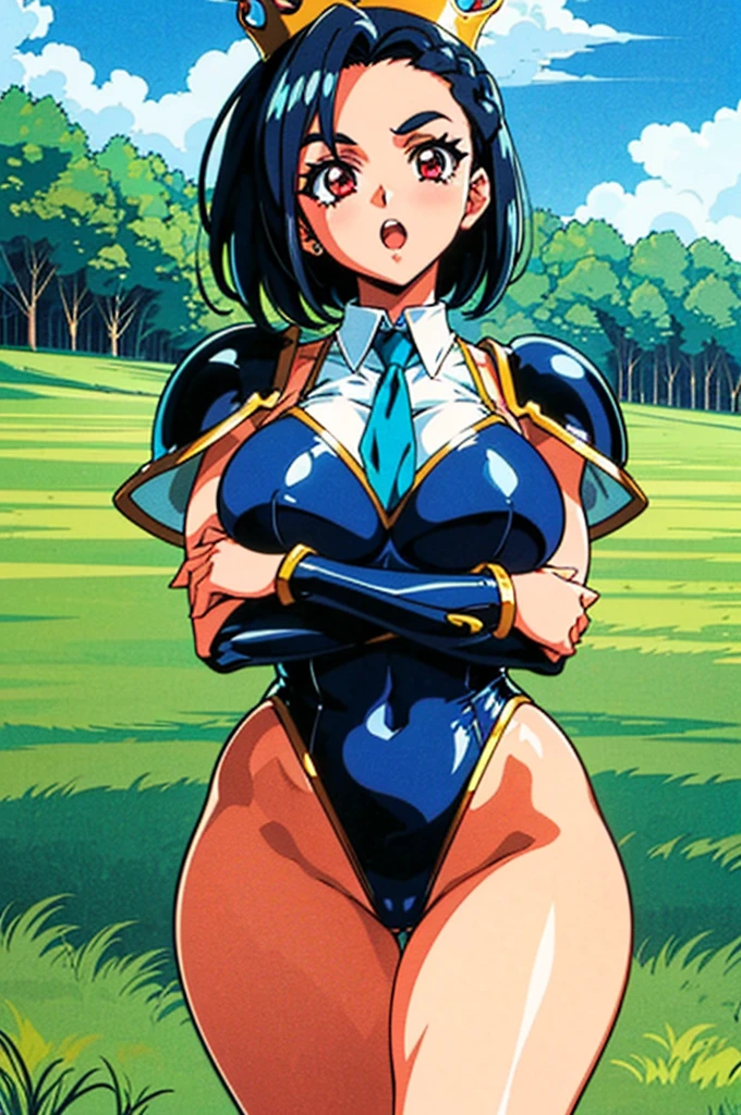 "(masterpiece:1.1), best quality,
1girl, (80s anime style:1.4), (eyelashes:1.5),
(intricate high detailed body:1.2),
black hair,
(forehead:1.2), short blunt bangs, (short hair, french braid:1.1), (crown:1.2),
red eyes, (thick eyebrows:1.1),
(curvy body:1.2), (large breasts:1.1),
calm, open mouth,
(see-through cloth leotard armor:1.2),
(pauldrons:1.1), (jewelry:1.1), neckwear,
standing, crossed arms,
(cowboy shot:1.1),
(grassland, outdoors:1.2)"