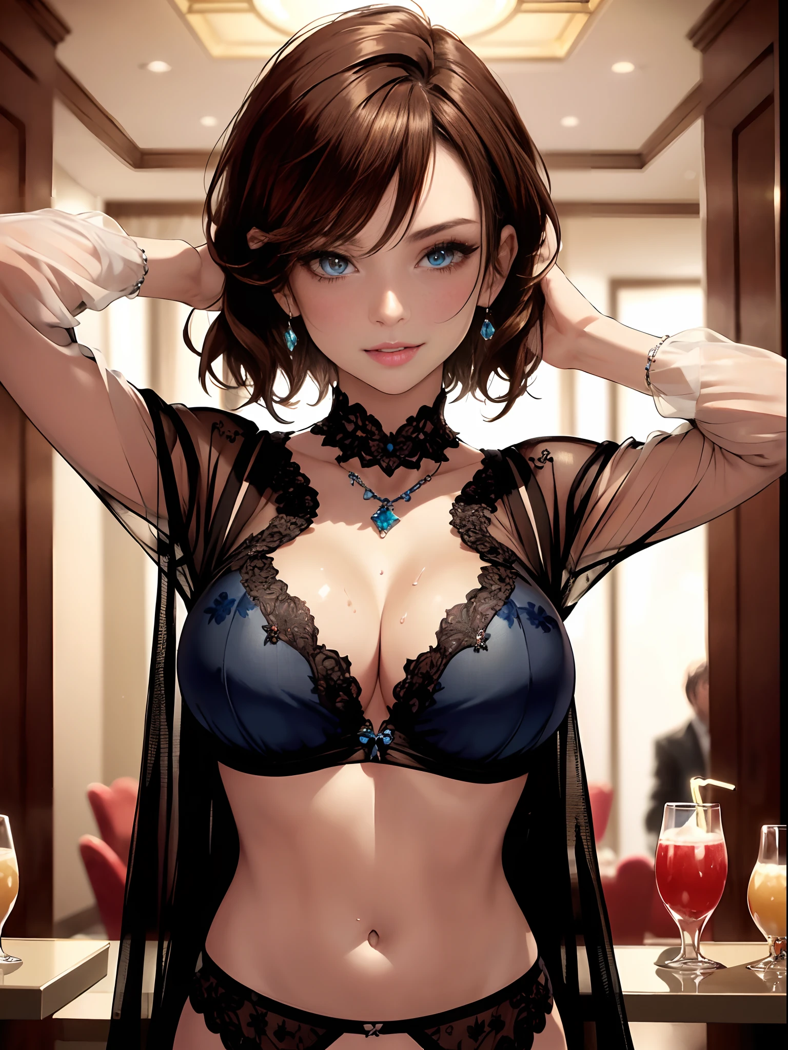 (((Masterpiece))), ((Best Quality)), (((Transparent See-through Clothing))),(((Sheer Underwear: 1.5)))), ((Raised Nipple)),((Intricate Details)), (((Juice Wet)),(())),(Beautiful and Delicate Eyes), (Illustration), (Silhouette) Absurd, ((Ultra-realistic Nose)),No Extra Hands, (Perfect Hands) , ((Oil Painting Style: 1.5)), Mature Woman, Mature Woman, Highly detailed, Illustration, 1 girl, ((big breasts)), brown hair, short hair, blue eyes, cleavage, party lady, necklace, (full :0.5)) ,in hotel, bedroom, detailed background, perfect eyes, seductive eyes, seductive smile, dynamic pose, (arms behind head), (looking at the audience)), from the front