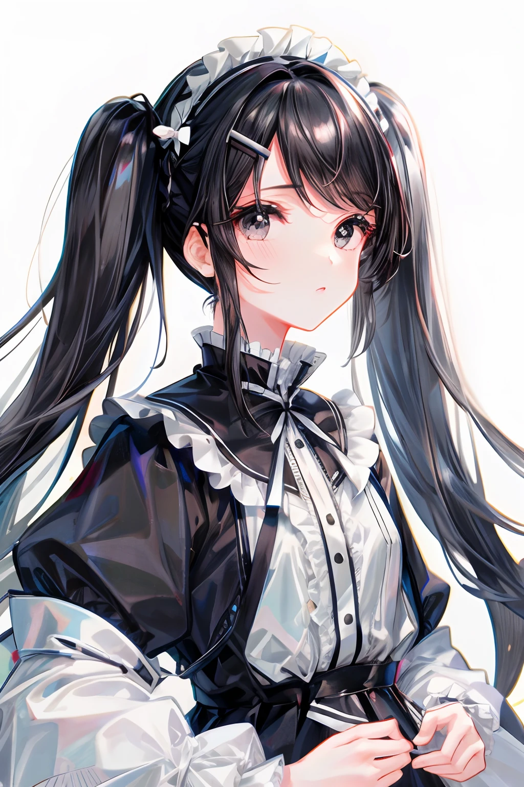 Girl，twintail，black  hair,black eyes，white lolita_dress,