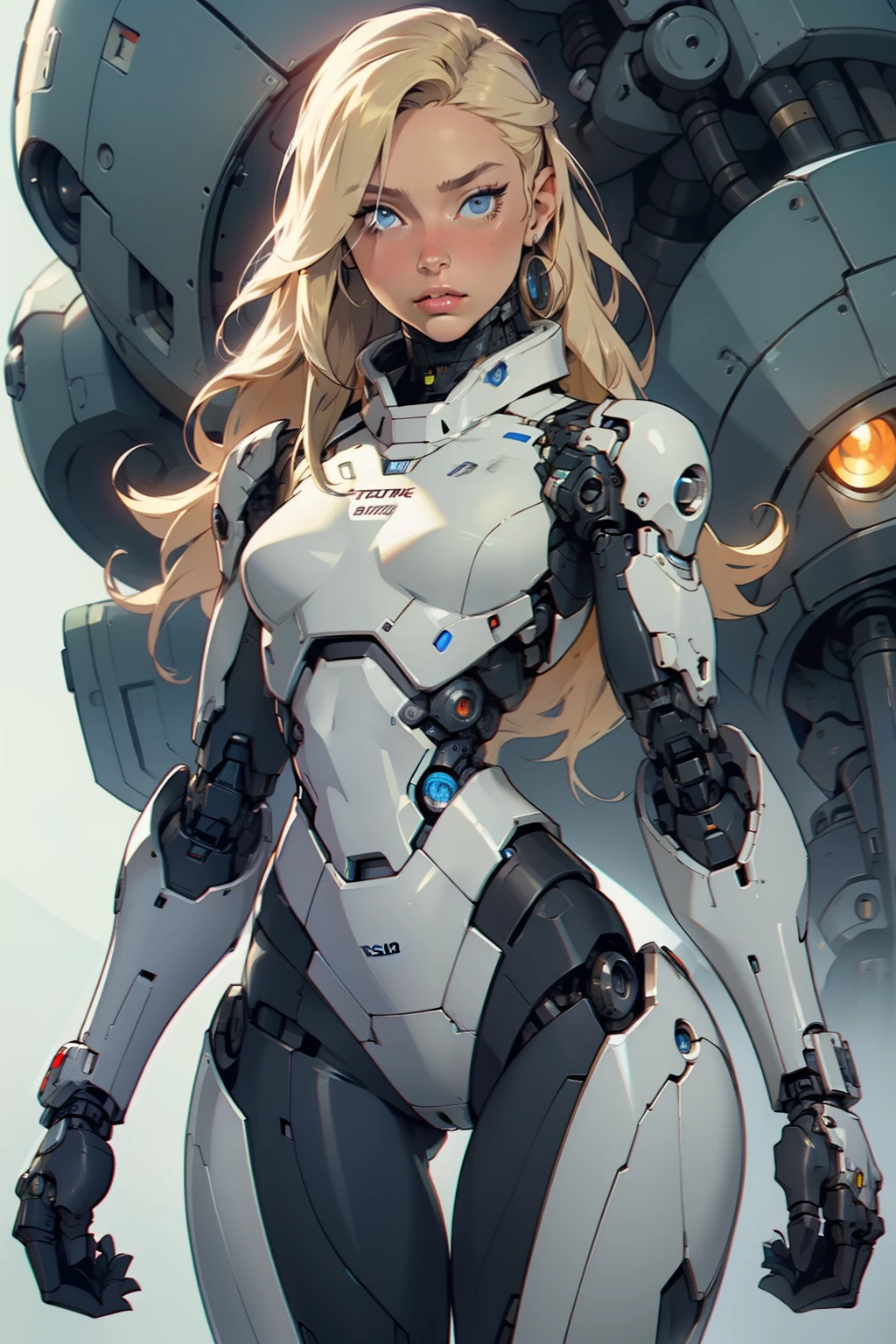 high quality, 4k, masterpiece, beautiful, cyborg girl, cowboy shot, dull eyes, looking at viewer, long blonde hair, girl, small breasts, thick thigh, robotic arms, robotic body, cyborg body, intricate detail, joint, detailed lines, robotic detail, holding fist up, holding hand up as fist, color robotic parts, robotic parts with color, perfect fingers, background is a spaceship
