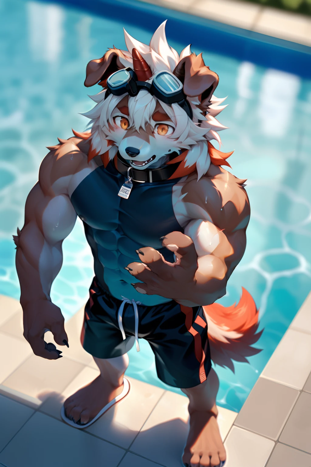 (by Hioshiru, by null-ghost, By personalami, by Honovy, by thebigslick, author：Feinhertz), Male, Solo, domestic dog，Doggy, Red horns, floppy ears, clawed paws, view the viewer，beside swimming pool，Sexy，The upper part of the body，lowerbody，（Sweat：1.9），gasps，upper legs，small thighs，white legwear，〈Have a strong figure〉，opens his eyes wide，A collar is worn around his neck，Dog leash，Be red in the face，Desire for dissatisfaction，the shy，gentle，Temptation of the，intoxicated，gasps，Eyes are focused，sideface，Keep your eyes wide open，Head up，Tall and strong，Fluffy tail，Orange tail，Masterpiece, Best quality, offcial art, Extremely detailed Cg Unity 8K wallpaper, Ultra-detailed, Best Illustration, Best shadow, Perfect lighting, bellow (/arknight/), White fur, Furry male, Dog boy, Furry, Two-tone fur, 1boys, multicolored hair, Male focus, Horns, Striped hair, Dog ears, Animal ears, single horn, Brown fur, bangs, Orange hair, White hair, Medium hair, Orange eyes, Black pupils，Solo,Muscle men，Blue swimsuit，Black swimming trunks，whitestocking，sideface，Barefoot，standing on your feet，The erection，nipple bump，full bodyesbian，In the warm-up，Swimming goggles，Hair is supple，Raise your hands high，slippers