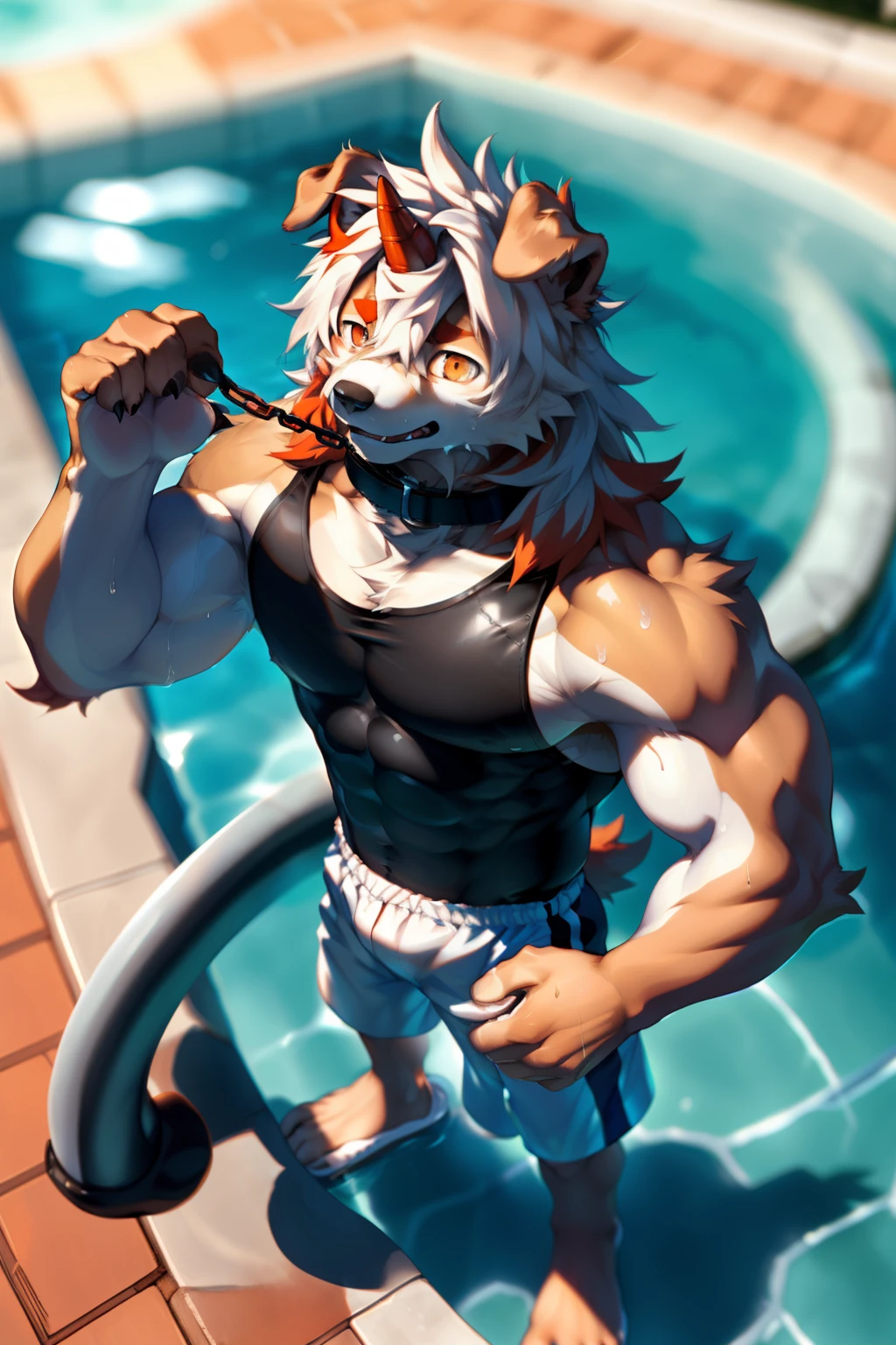 (by Hioshiru, by null-ghost, By personalami, by Honovy, by thebigslick, author：Feinhertz), Male, Solo, domestic dog，Doggy, Red horns, floppy ears, clawed paws, view the viewer，beside swimming pool，Sexy，The upper part of the body，lowerbody，（Sweat：1.9），gasps，upper legs，small thighs，white legwear，〈Have a strong figure〉，opens his eyes wide，A collar is worn around his neck，Dog leash，Be red in the face，Desire for dissatisfaction，the shy，gentle，Temptation of the，intoxicated，gasps，Eyes are focused，sideface，Keep your eyes wide open，Head up，Tall and strong，Fluffy tail，Orange tail，Masterpiece, Best quality, offcial art, Extremely detailed Cg Unity 8K wallpaper, Ultra-detailed, Best Illustration, Best shadow, Perfect lighting, bellow (/arknight/), White fur, Furry male, Dog boy, Furry, Two-tone fur, 1boys, multicolored hair, Male focus, Horns, Striped hair, Dog ears, Animal ears, single horn, Brown fur, bangs, Orange hair, White hair, Medium hair, Orange eyes, Black pupils，Solo,Muscle men，Blue swimsuit，Black swimming trunks，whitestocking，sideface，Barefoot，standing on your feet，The erection，nipple bump，full bodyesbian，In the warm-up，Swimming goggles，Hair is supple，Raise your hands high，slippers