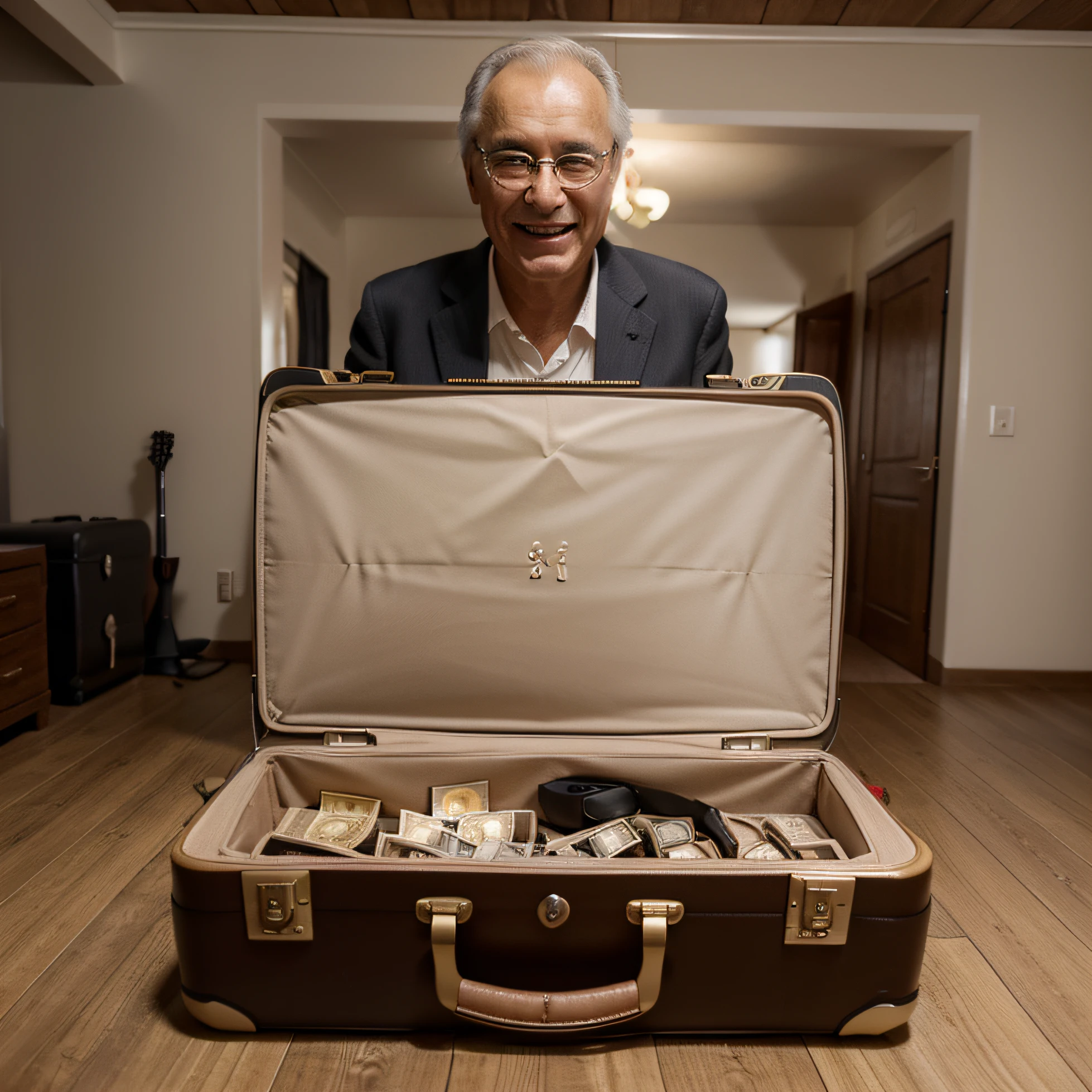 An happy and elegant (66yo Swiss man) opening a suitcase full of money, masterpice, 8k, 4k, insane detail, insane happiness