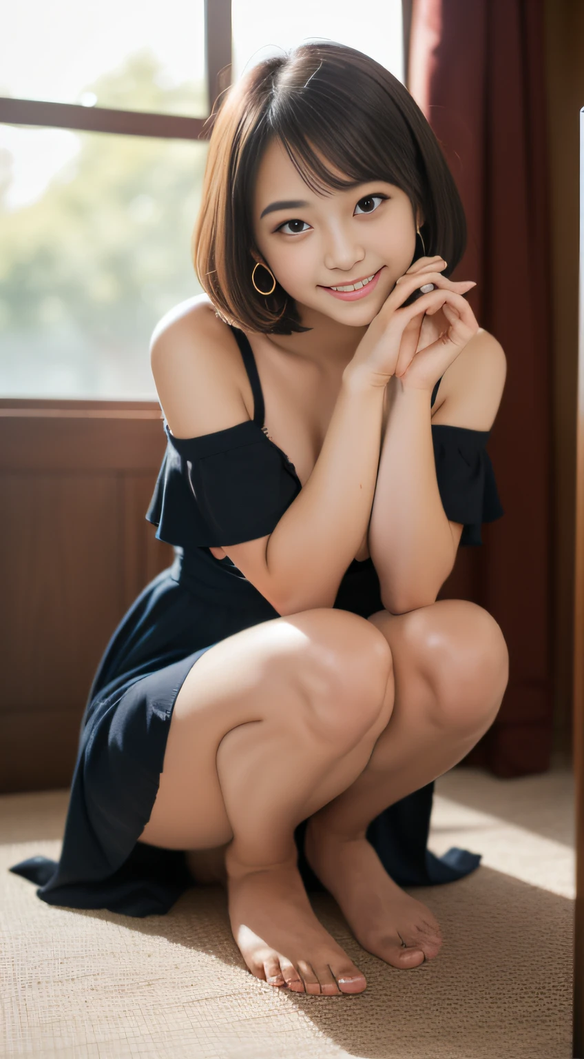 (Red luxury maxi long dress:1.3), (lie down luxury bed, pretzel pose, open both knees with both hands, Show panties:1.5), (full length, whole body), (black hair, , (slim waist and large breasts style, short height:1.2), short bob hair, blush stickers, one little star earring, lively eyes, younger sister girl, round face, eyebrows downward, light blush, Look at viewers, affectionate cute, cute girl, surreal high school girl, Look at viewers, smile, Hinano Himeno), (Surrealism, natural lighting, depth of field, Nikon, 8k, super detail, masterpiece, high details, anatomically correct, award winning), look at camera