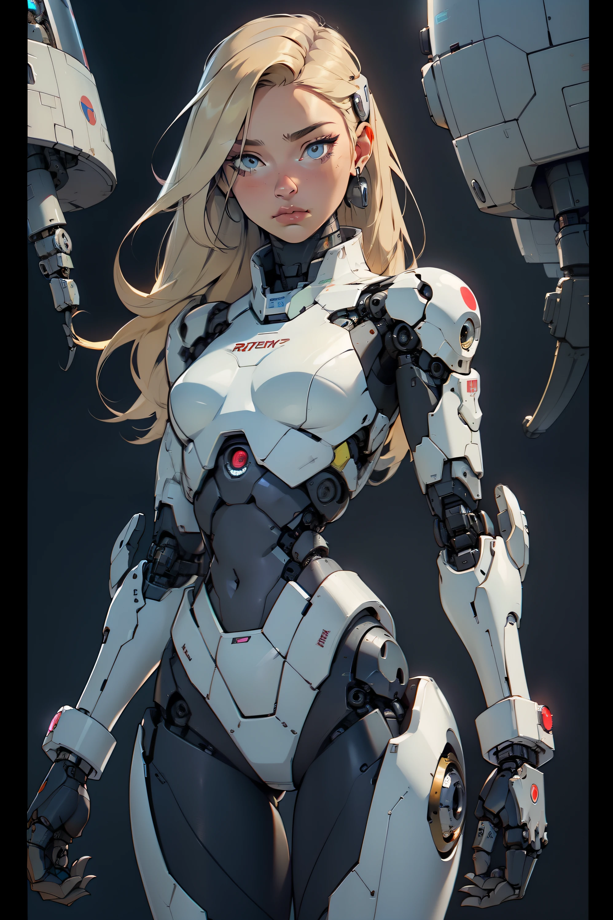 high quality, 4k, masterpiece, beautiful, cyborg girl, cowboy shot, dull eyes, looking at viewer, long blonde hair, girl, small breasts, thick thigh, robotic arms, robotic body, cyborg body, intricate detail, joint, detailed lines, robotic detail, holding fist up, holding hand up as fist, color robotic parts, robotic parts with color, perfect fingers, background is a spaceship