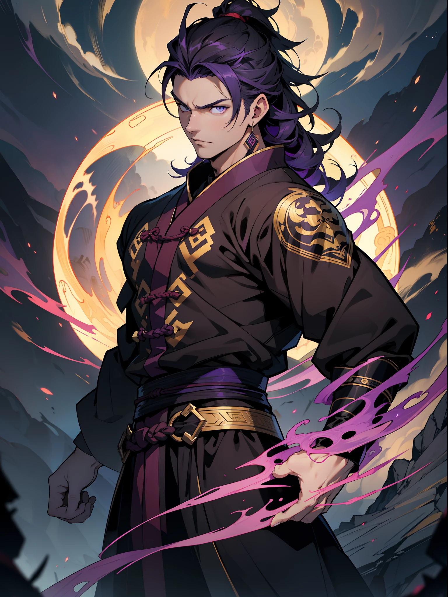 mtu, There is dark and purple hair, Hanfu，Top view，Ancient Chinese patterns，Fair skin, Medieval black clothes, Purple and gold, Purple pupils, Handsome young man, On a black flame，Set up black smoke around，The are very prominent, Medieval pants, Scenery in black flames , With an expression of anger and uncontrollability, Black fire in his hands, Masterpiece， 4 k comic wallpaper， young anime man， Anime boys， Anime wallpapers 4 k， Anime wallpaper 4K， High quality anime art style， Anime moe art style， Anime art wallpaper 8 K，The light from the back window is backlighted，Cinematic lighting effects， Anime art wallpaper 4 K， RGB lighting，Masterpiece, Best quality, High quality, Anatomically correct，High details, Super detail, 1080p, hyper HD,