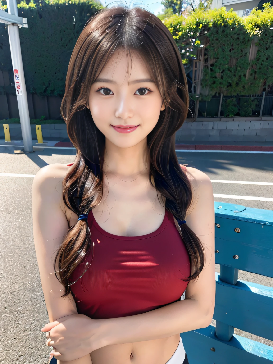 cute smile face、look up to、Hands in front of the body、Emphasis on the chest、Slouching posture、Red tight tank top、(​masterpiece:1.3), (8K, Photorealsitic, Raw photography, Top image quality: 1.4), a japanese girl、Standard body shape:1.3、(Random hairstyles:1.2)、maikurobikini:1.2、Super Detail Face、Eye of Detail、二重まぶた、foco nítido:1.2、prety woman:1.4、light brown hair、top-quality、​masterpiece、超A high resolution、(Photorealsitic:1.4)、Highly detailed and professional lighting smile、Background of the playground、Track and field athletes stretching、